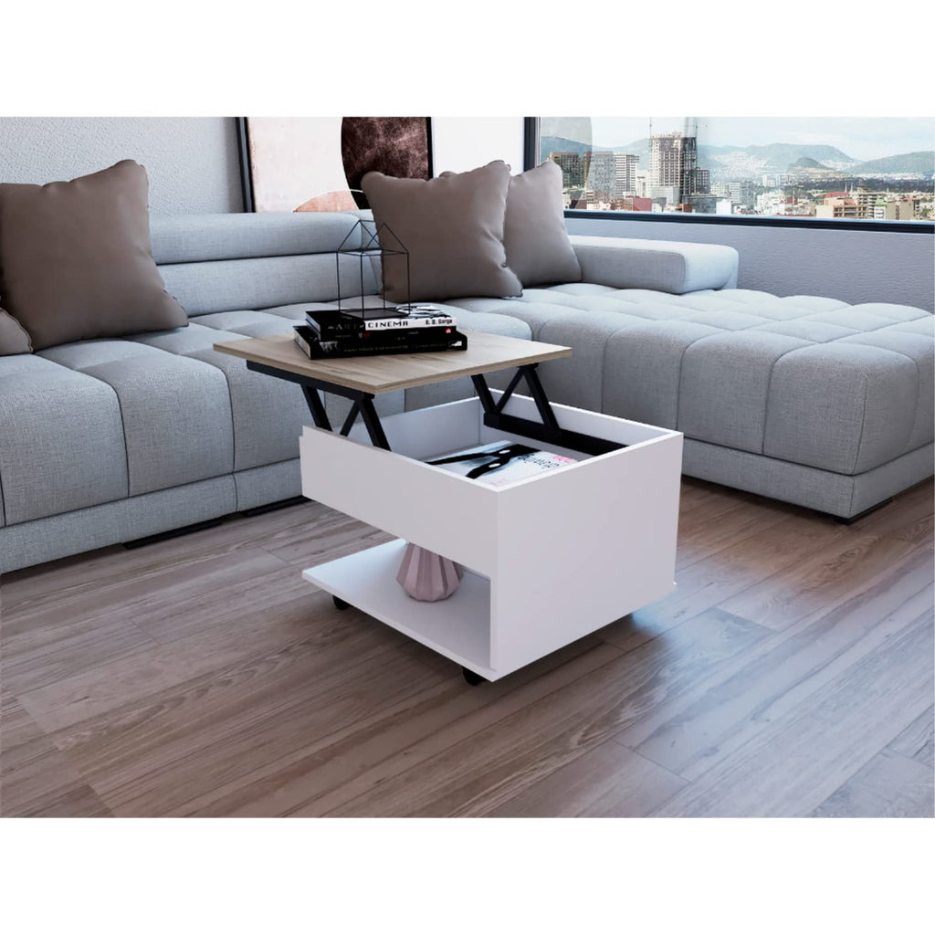 Babel 22-inch Wide Lift Top Coffee Table with Caster Wheels and 1 Shelf, White/Light Oak