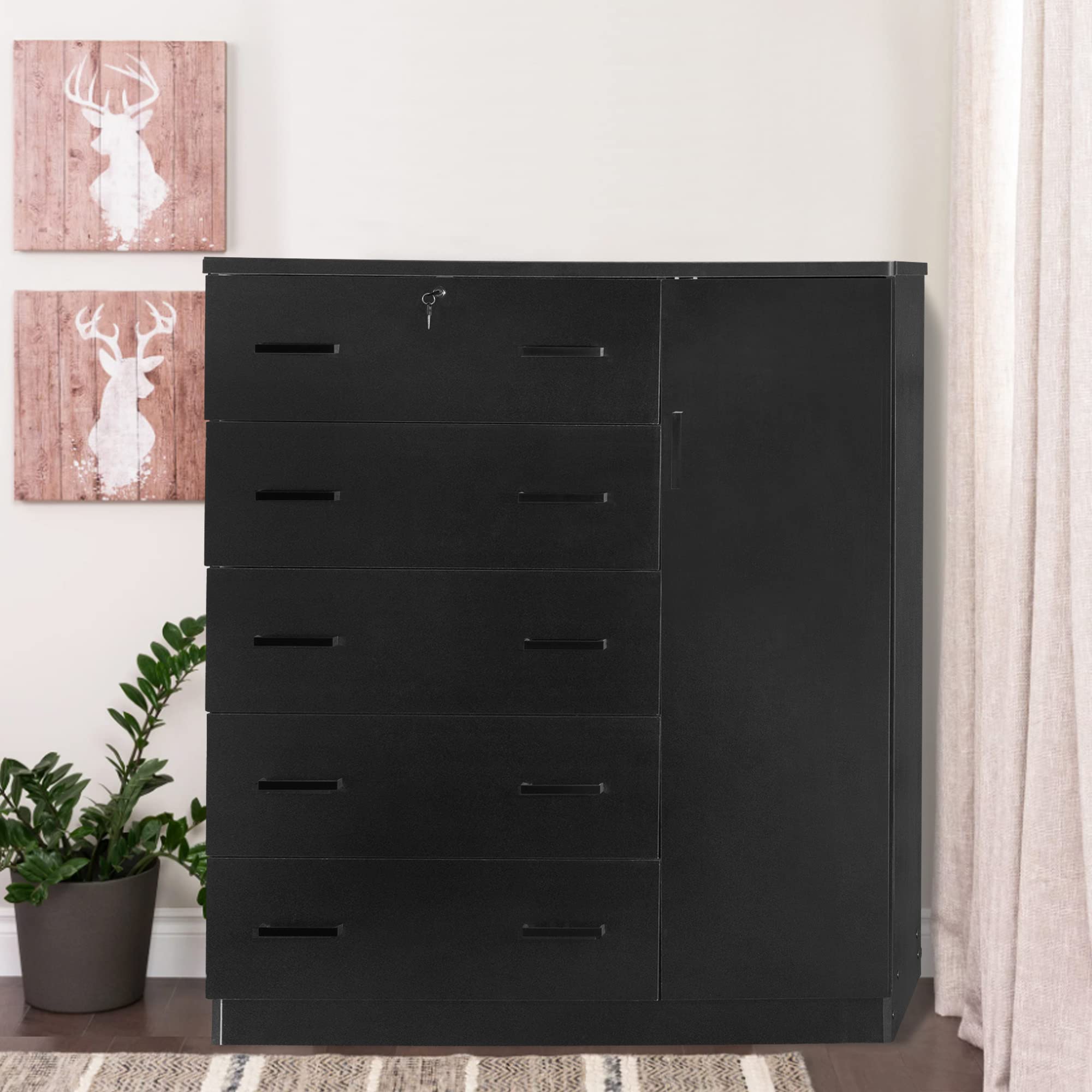 Better Home Products JCF Sofie 5 Drawer Wooden Tall Chest Wardrobe in Black