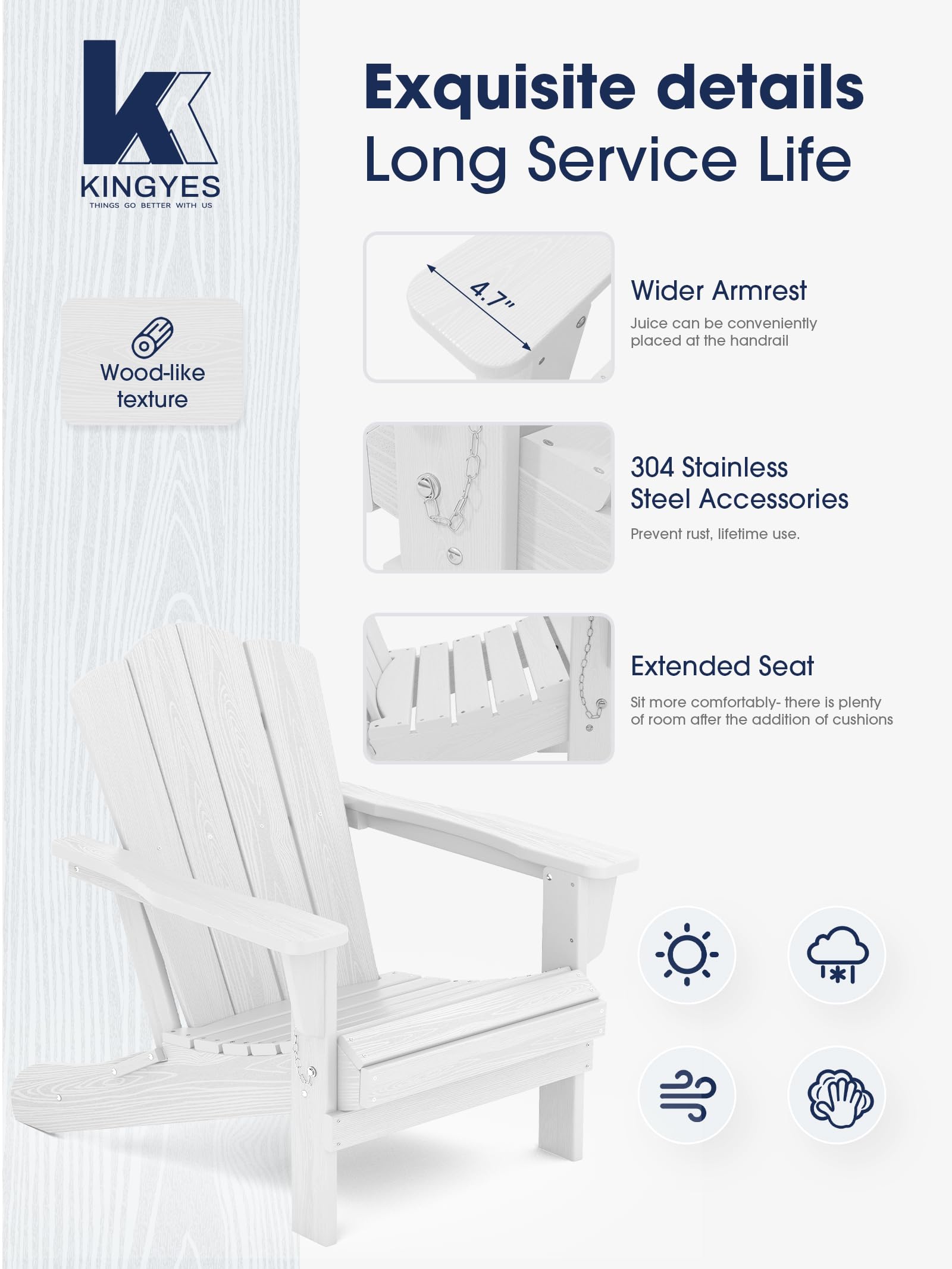 Kingyes Folding Adirondack Chair Set Of 6, Hdpe All-Weather Folding Adirondack Chair, White