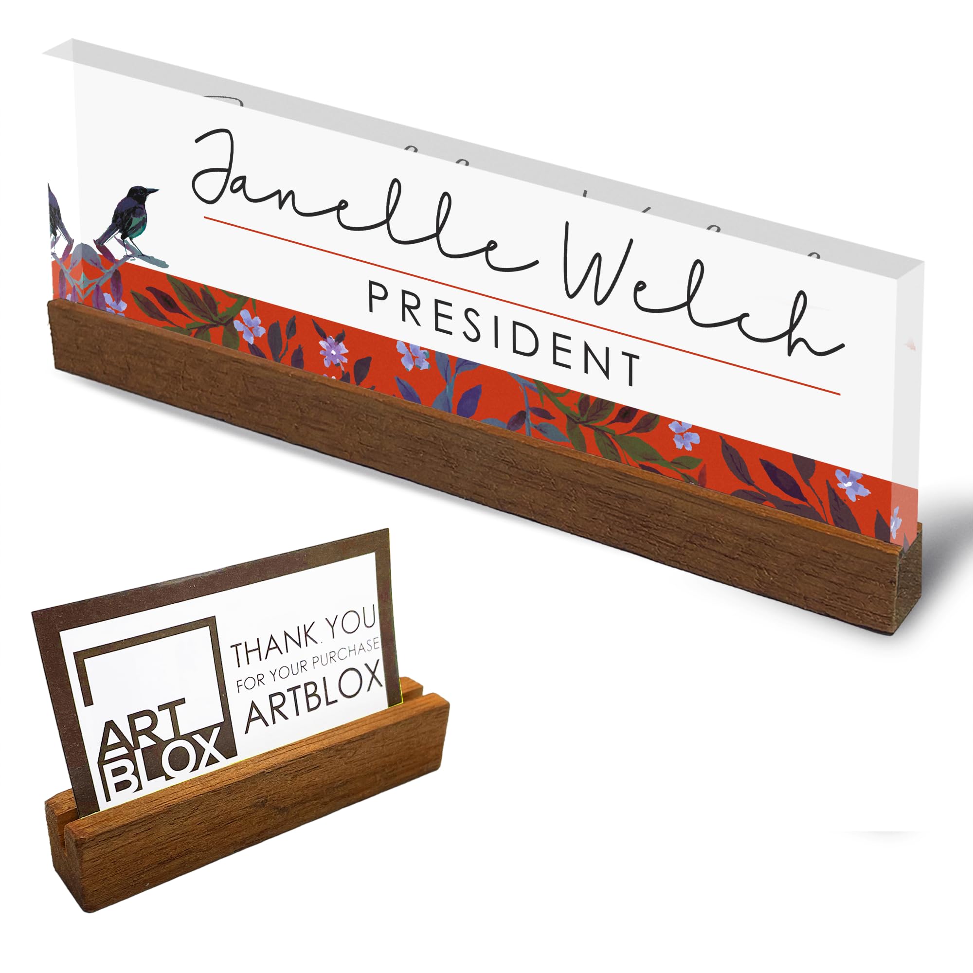 Artblox Personalized Office Desk Name Plate And Business Card Holder | Clear Acrylic Glass With Teak Wood Stand | Bird Singing D