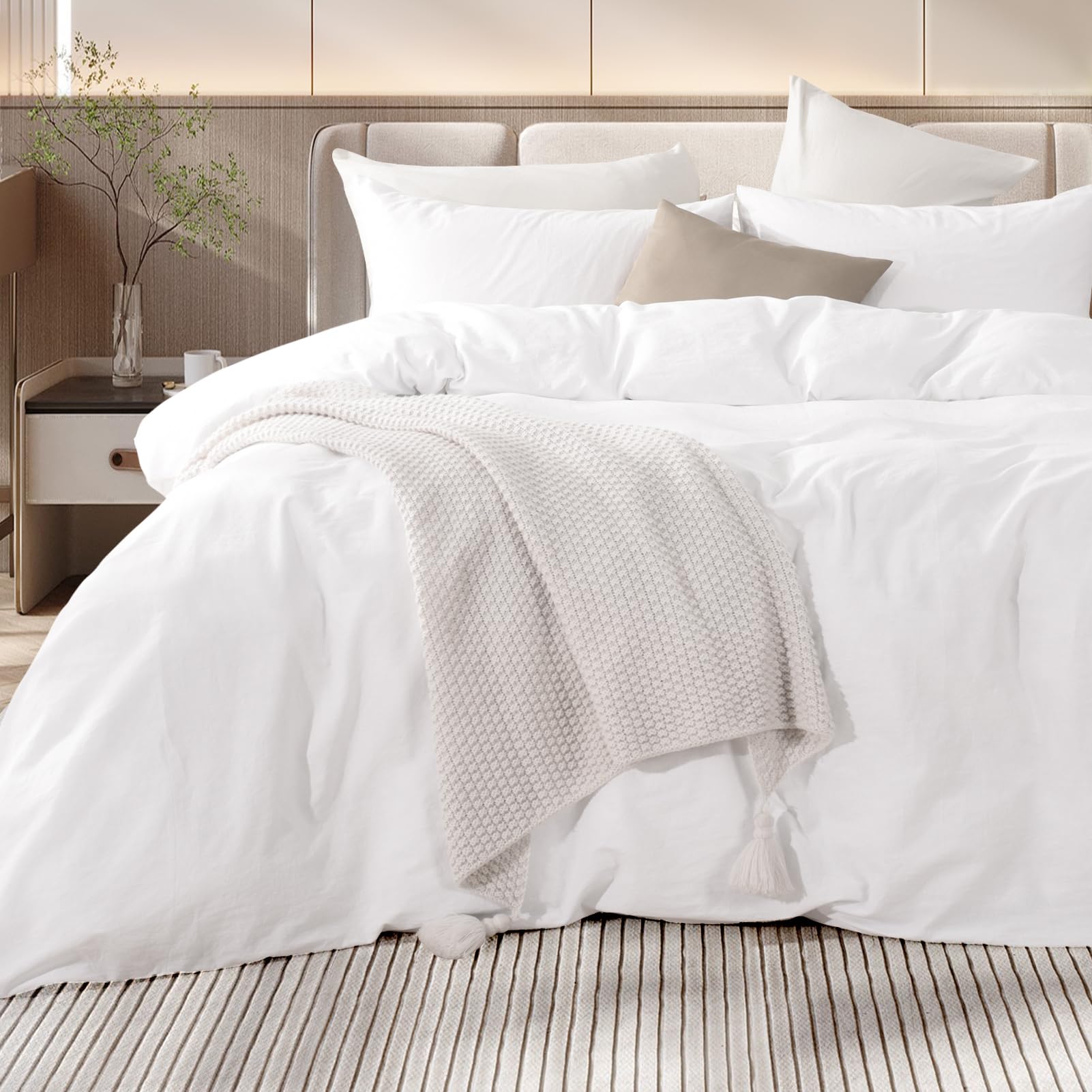 Nexhome Pro Duvet Cover Set 100% Washed Cotton Full Size Linen Feel Textured Organic Natural 3 Pieces Bedding Set With Zipper Closure And Corner Ties, Breathable And Soft (White, No Comforter)