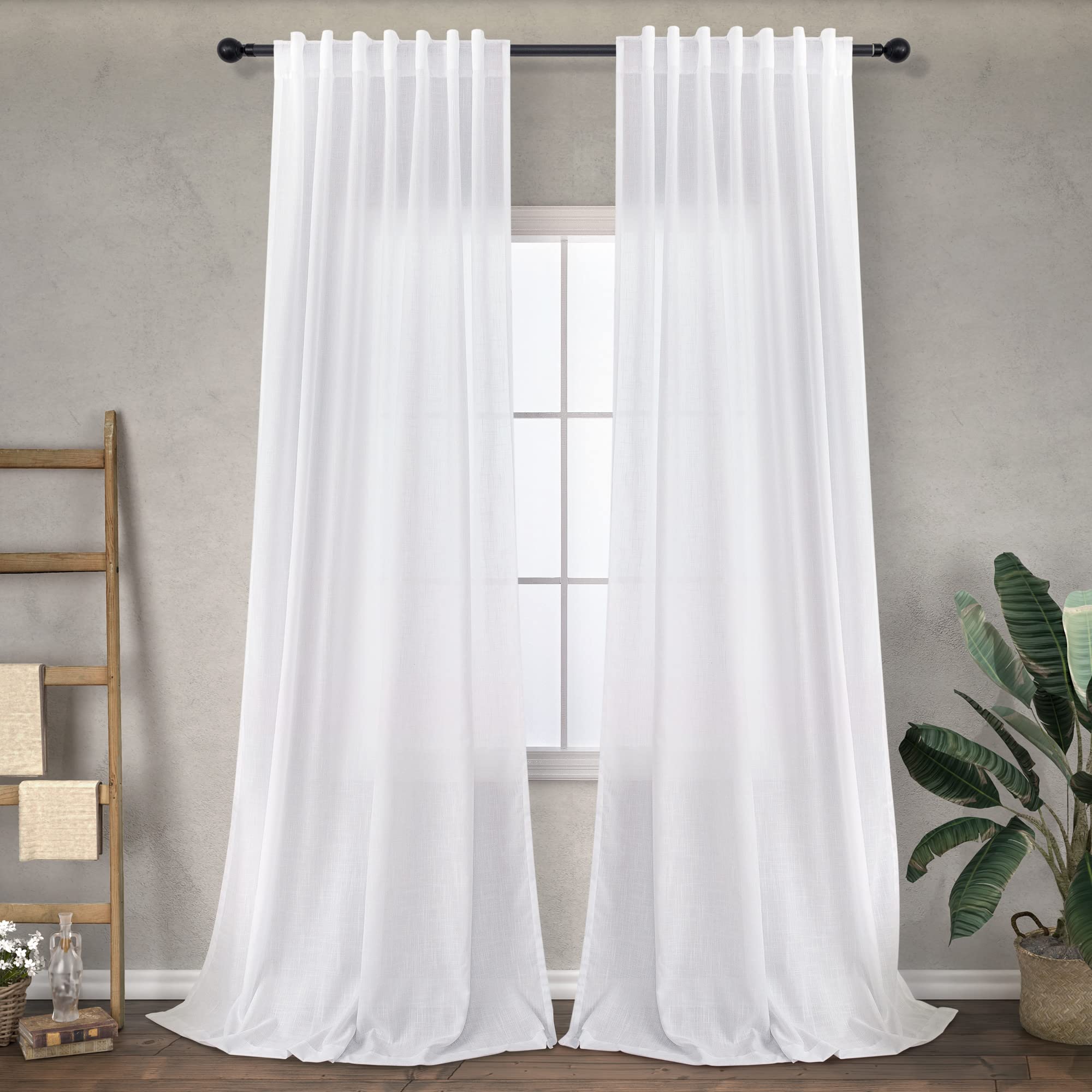 White Farmhouse Curtains 108 Inches Long For Living Room 2 Panel Set Back Tab Pocket Drape Light Reducing Semi Privacy Sheer Lin