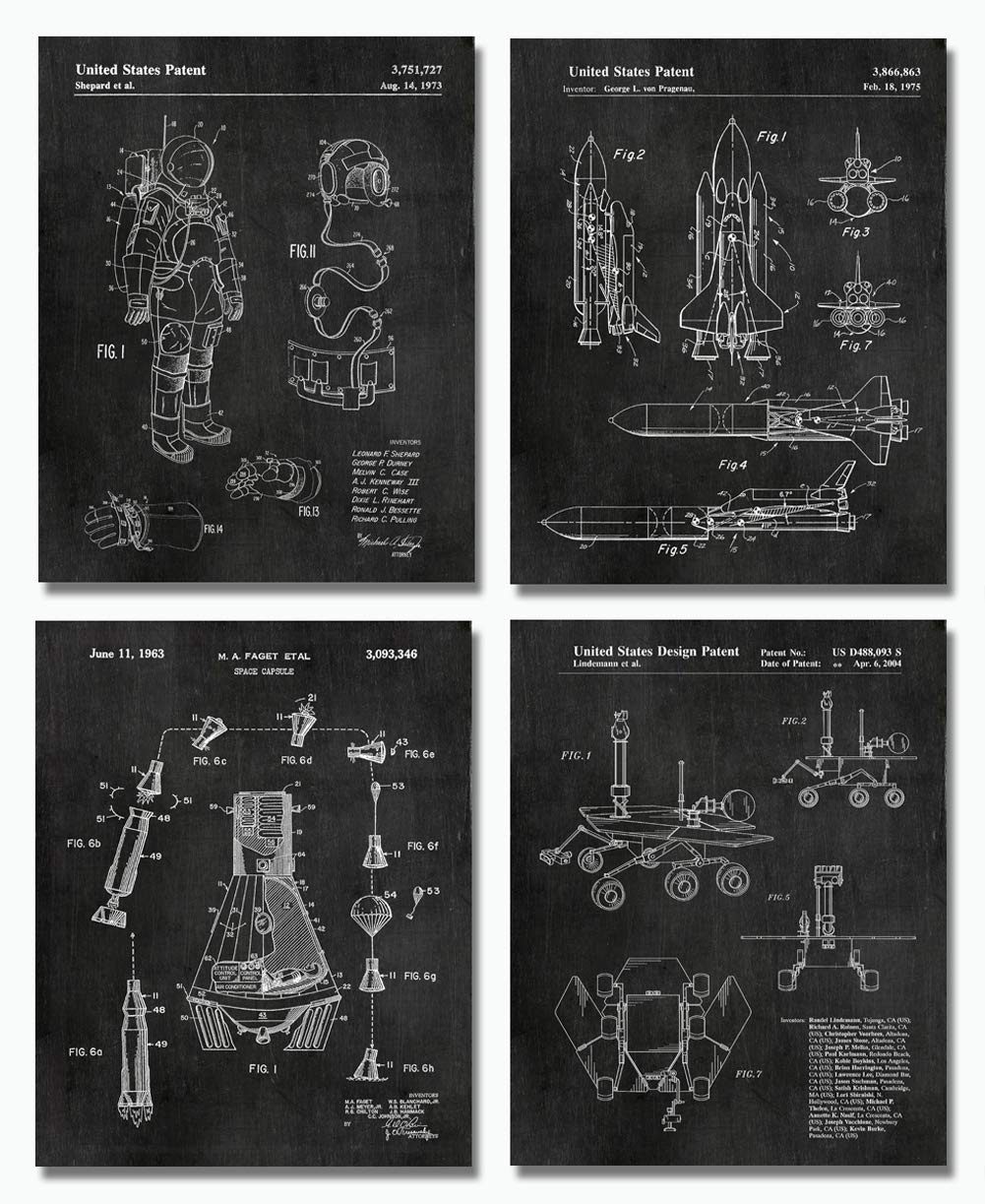 Outer Space Science Decor 4 (8x10 in.) Patent Prints Decorations - Great Gifts for Aerospace Lovers - Industrial Wall Art Steamp