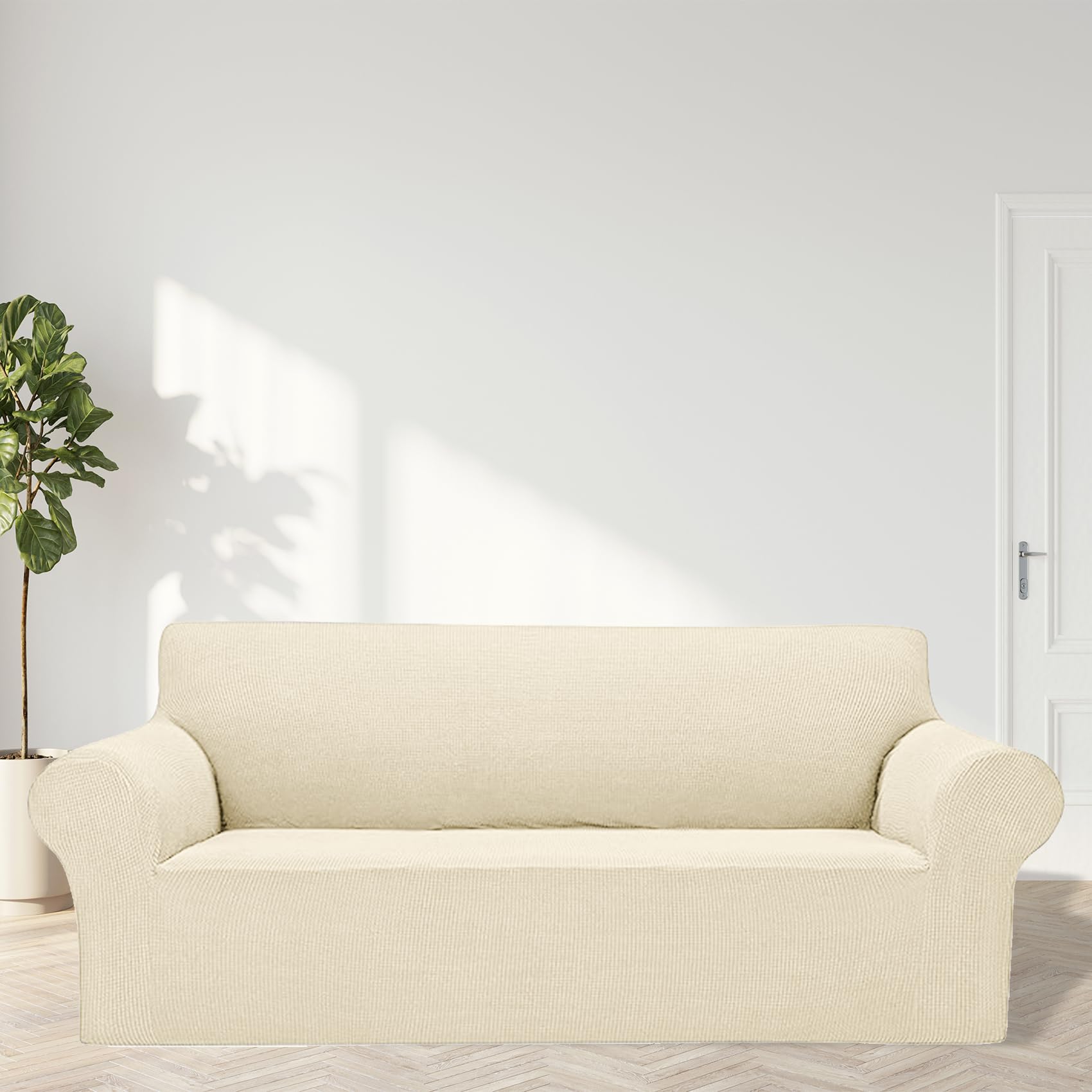 2025 New Stretch Oversized Sofa Slipcovers Couch Sofa Cover For 4 Seater Furniture Protector Covers With Elastic Bottom Jacquard Fabric Small Checks For Pets, Kids - Beige
