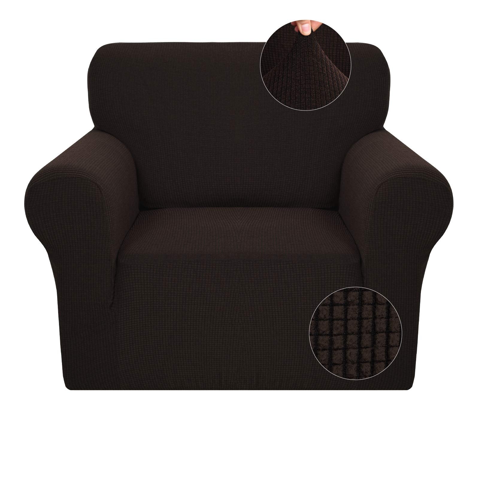 Jiviner Super Stretch Chair Slipcovers With Arms 1-Piece Jacquard Small Checks Living Room Armchair Covers Soft Anti Slip Sofa Couch Furniture Protector For Kids Pets (Chair, Dark Coffee)