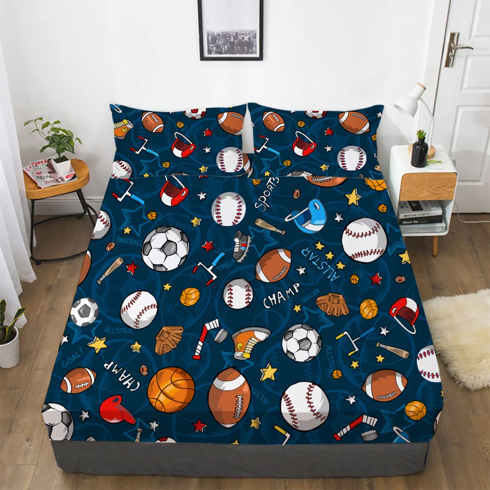 Gusuhome Boys Sports Fitted Sheet Full/Queen Size 3D Soccer Basketball Baseball Football Bedding for Kids Teens Bedroom Comfy De