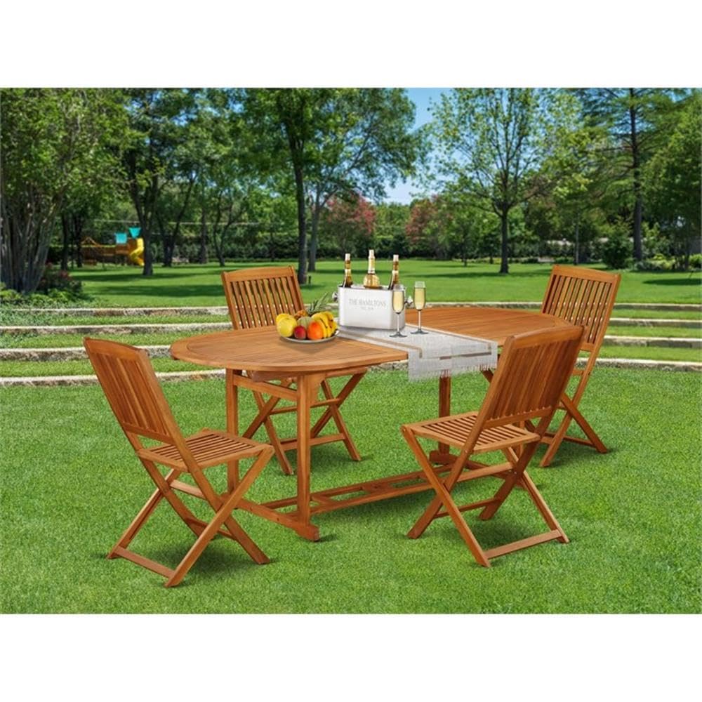 East West Furniture Bscm5Cwna Beasley 5 Piece Outdoor Patio Dining Sets Includes An Oval Acacia Wood Table And 4 Folding Side Chairs, 36X78 Inch, Natural Oil