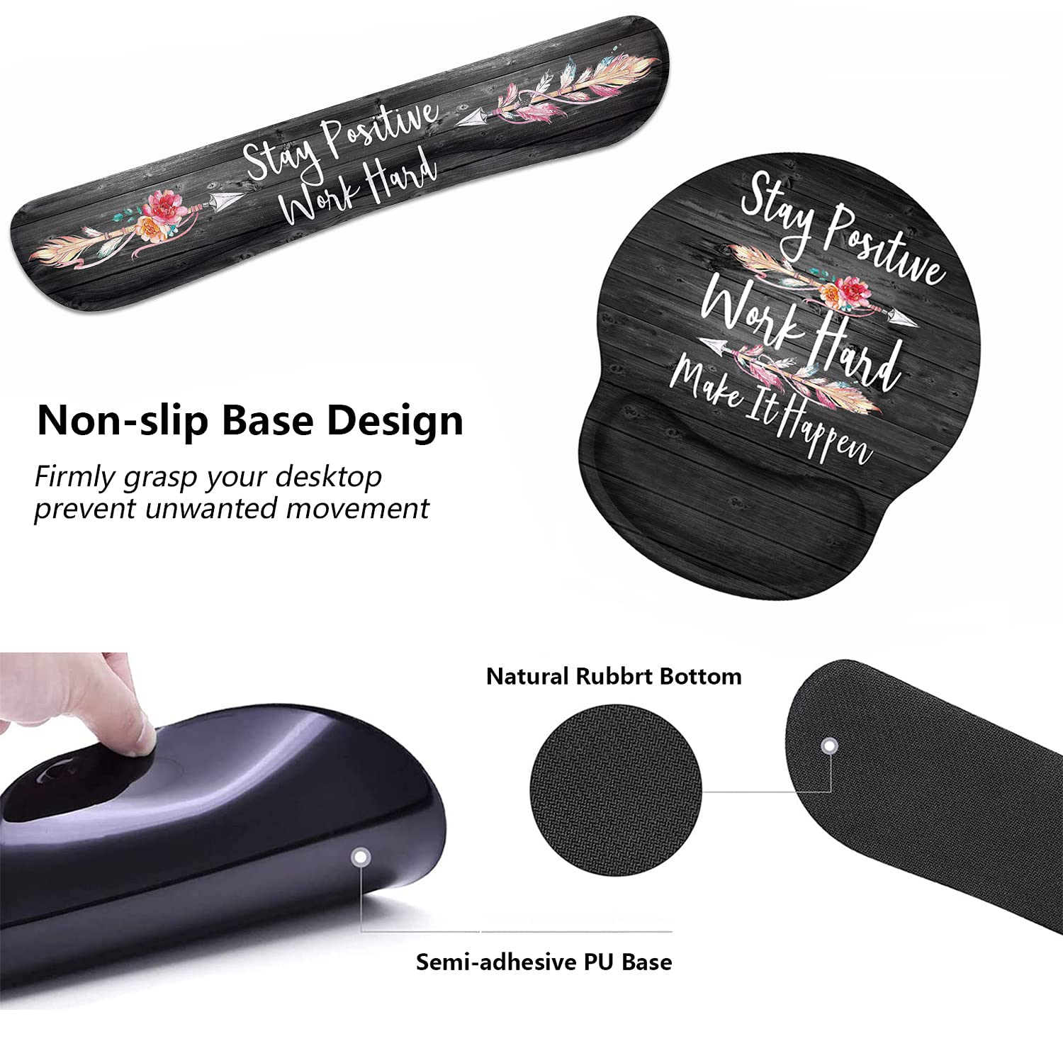 Keyboard Wrist Rest And Mouse Pad Wrist Support Set With Coasters, Stay Positive Work Hard And Make It Happen Inspirational Quot