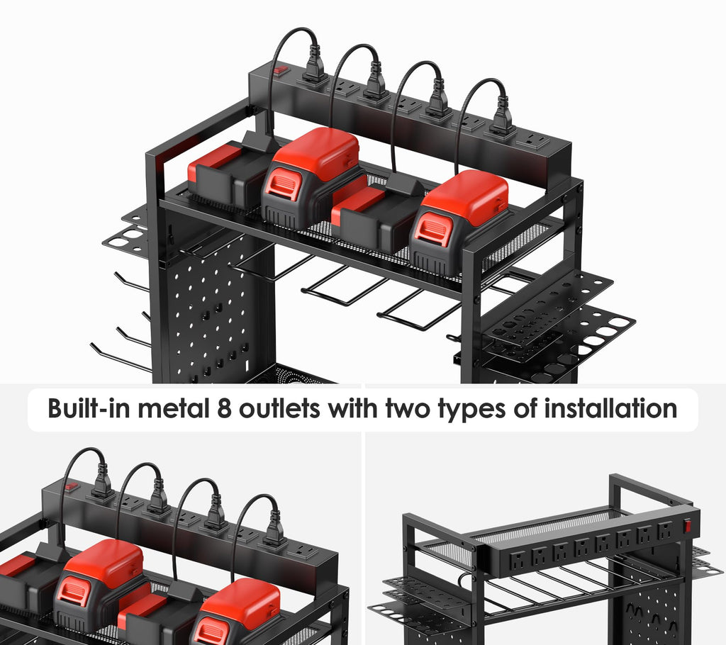 CECCEI Power Tool Organizer Cart with Charging Station, Rolling Garage Storage, Black Metal