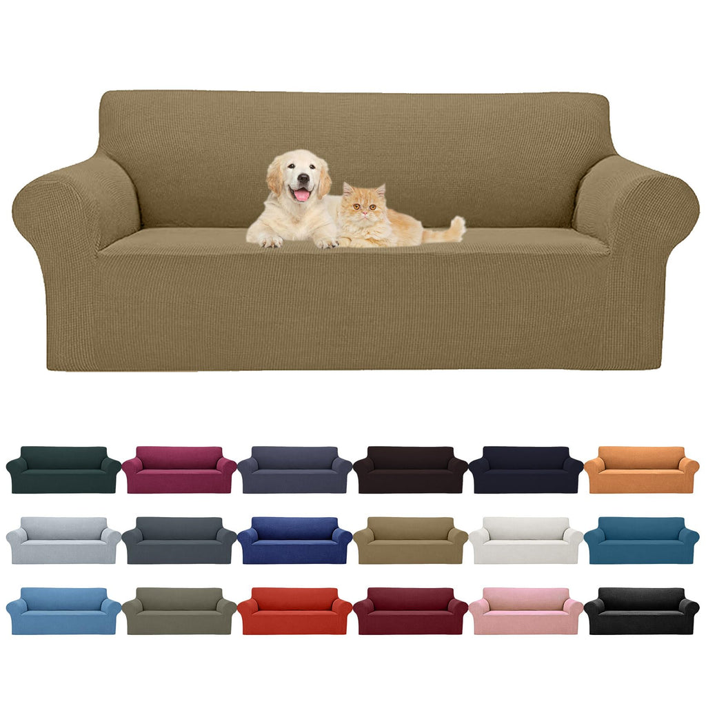 2025 New Stretch Sofa Slipcovers Couch Cover For 3 Cushion Furniture Protector Sofa Covers With Elastic Bottom Jacquard Fabric Small Checks For Pets, Kids -Sofa, Tan