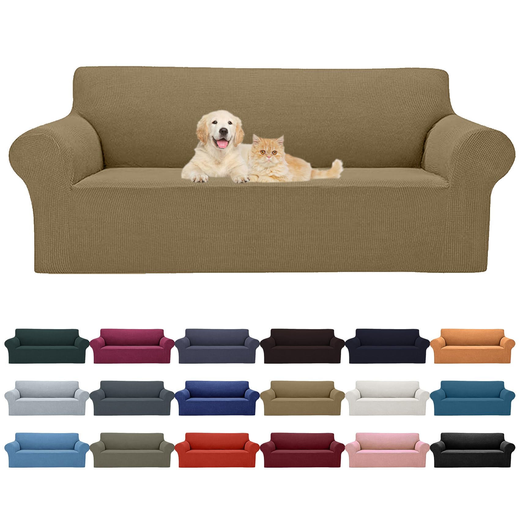 2025 New Stretch Sofa Slipcovers Couch Cover For 3 Cushion Furniture Protector Sofa Covers With Elastic Bottom Jacquard Fabric Small Checks For Pets, Kids -Sofa, Tan