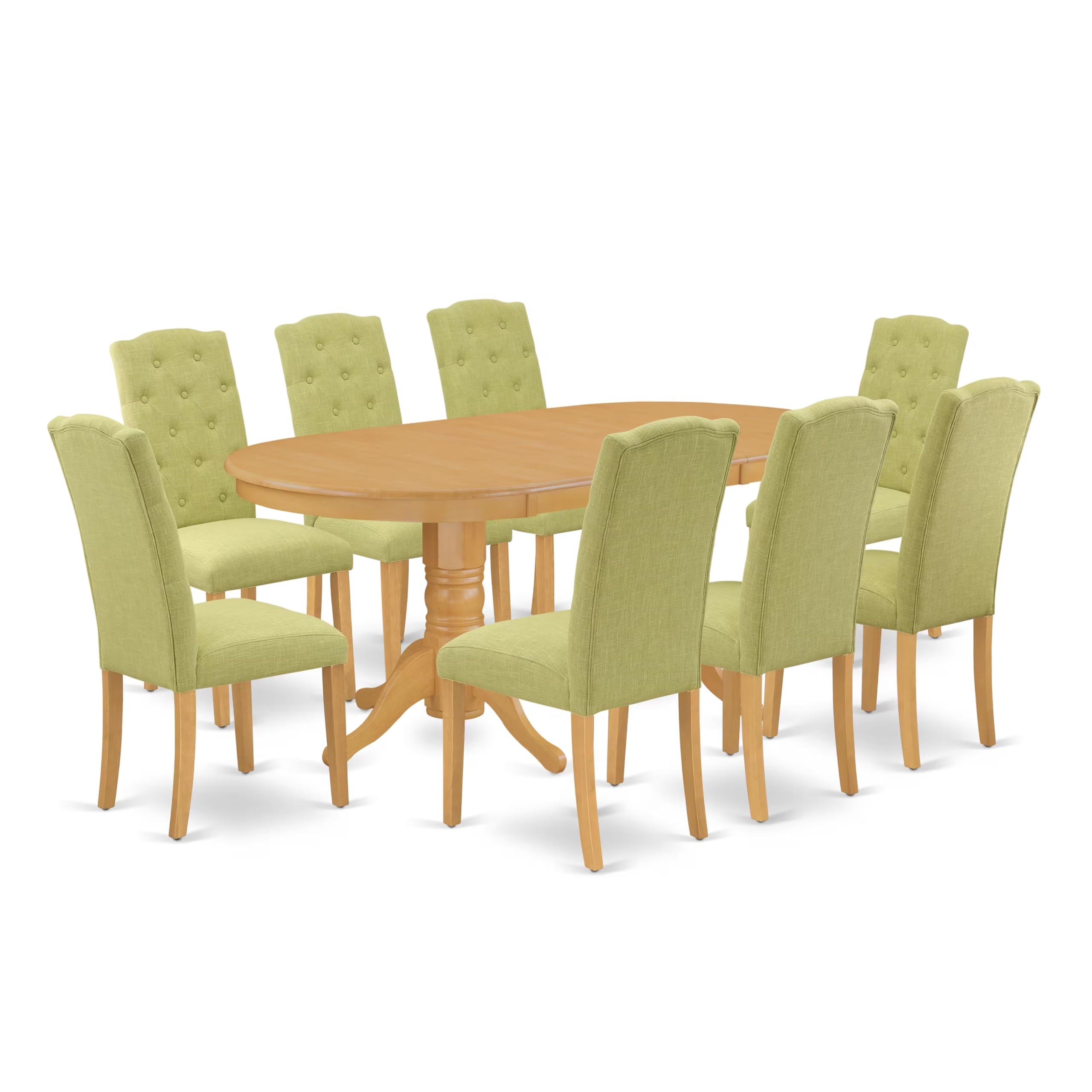 East West Furniture Vace9-Oak-07 9 Piece Dining Room Furniture Set Includes An Oval Wooden Table With Butterfly Leaf And 8 Limelight Linen Fabric Parson Chairs, 40X76 Inch, Oak