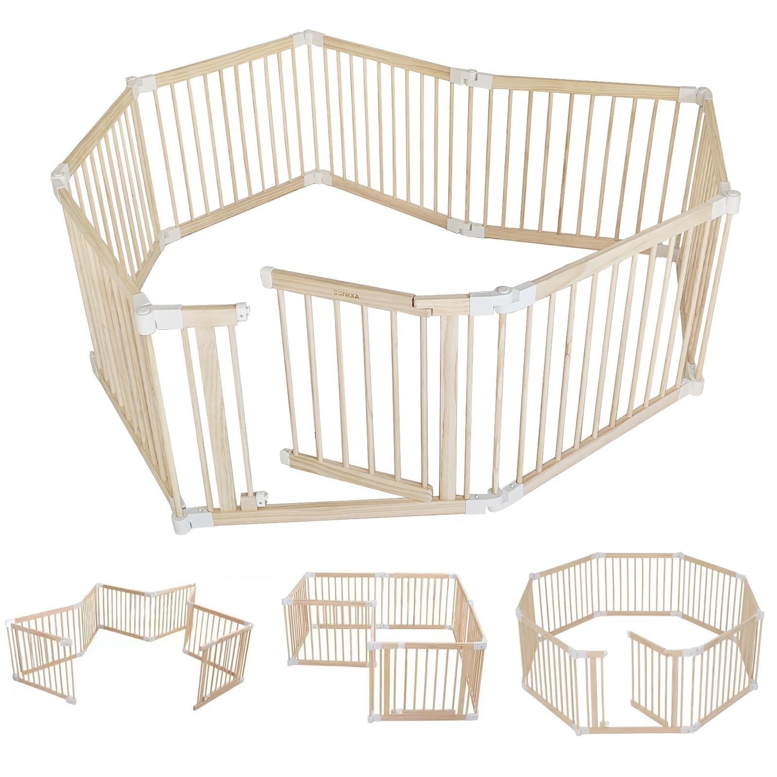 CONKKA Foldable Wooden Baby Playpen Large Play Yard for Babies and Toddlers, 2 in 1 Portable Fence Custom 25 Tall Wood Gate with