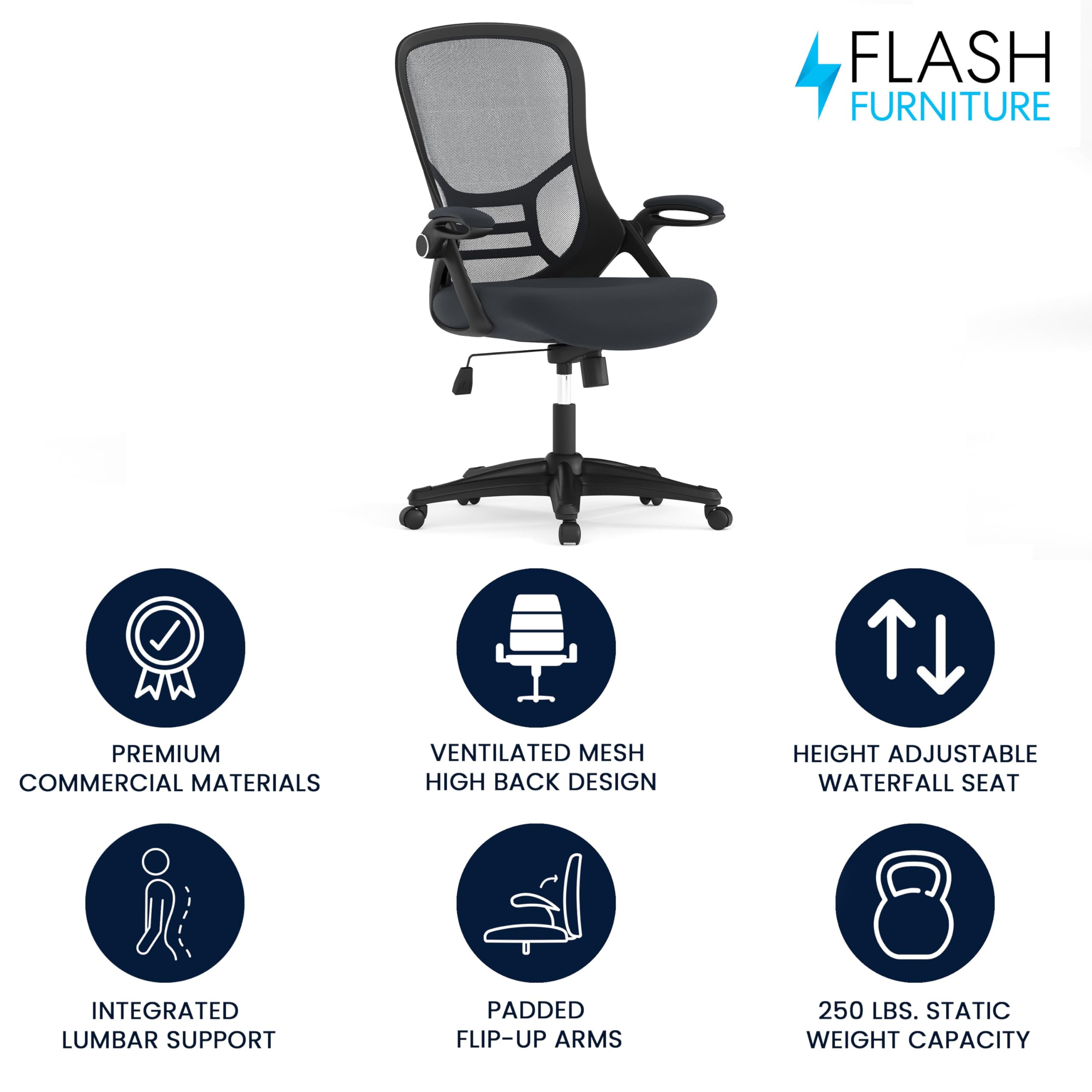 Flash Furniture Porter High-Back Swivel Office Chair with Adjustable Lumbar Support and Seat Height, Ergonomic Mesh Desk Chair with Flip-Up Armrests, Black
