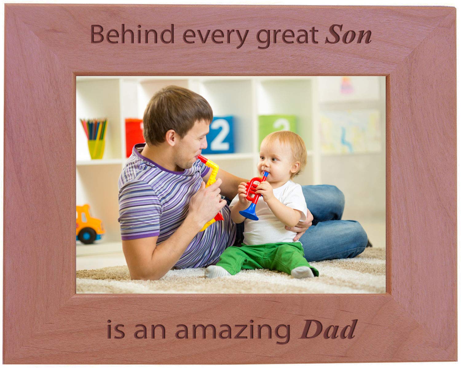 CustomGiftsNow Behind every great son is an amazing dad - Engraved Wood Picture Frame (5x7 Horizontal)