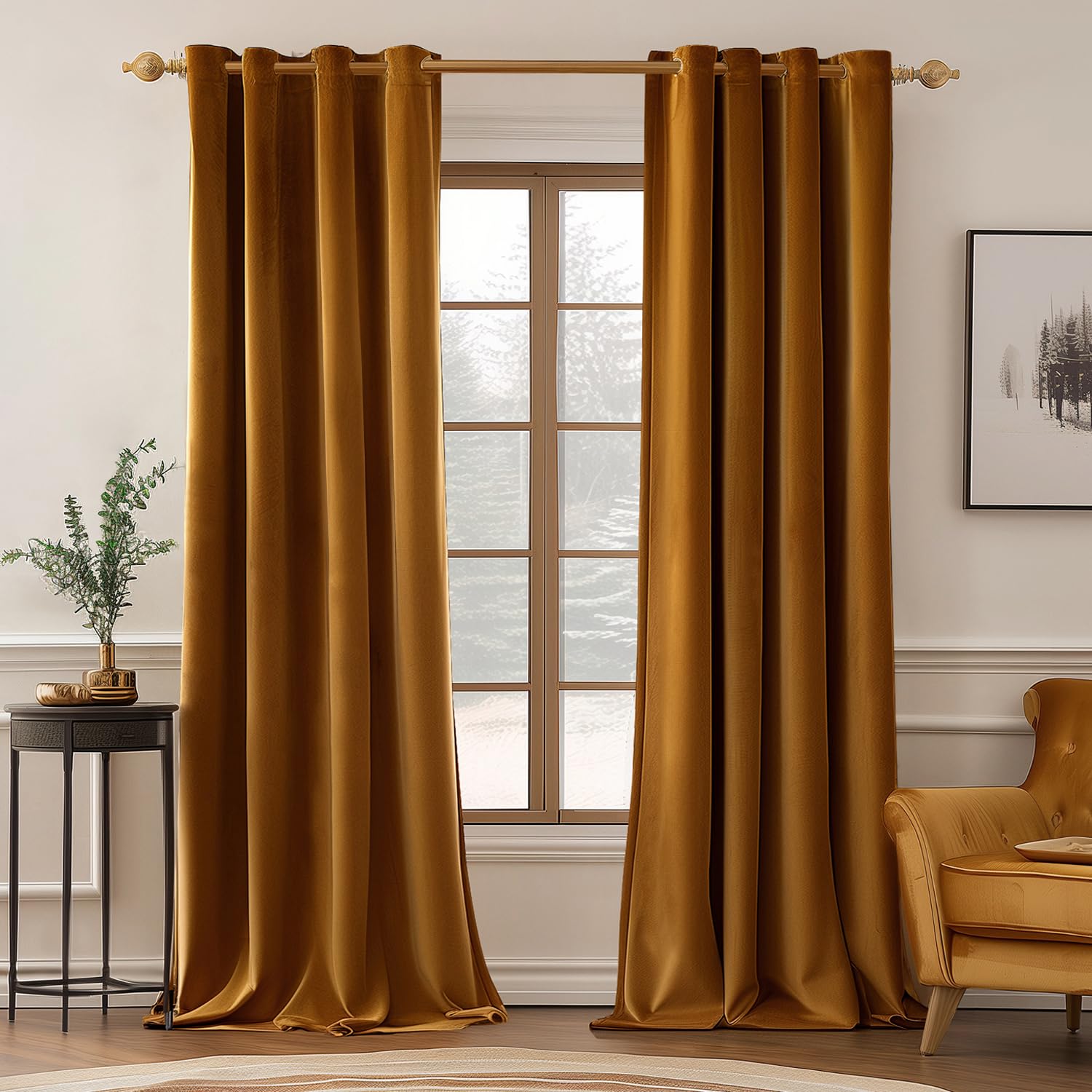 Miulee Velvet Curtains Golden Brown Elegant Grommet Curtains Thermal Insulated Soundproof Room Darkening Long Black Out Drapes F