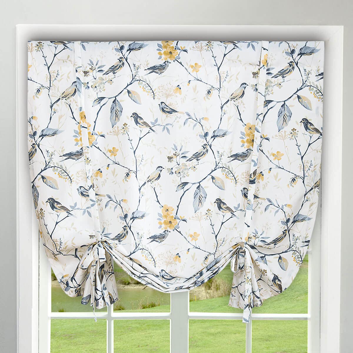 Vogol Tie Up Curtains For Windows, Birds And Flower Print Balloon Shades Rod Pocket Adjustable White Linen Window Treatment For