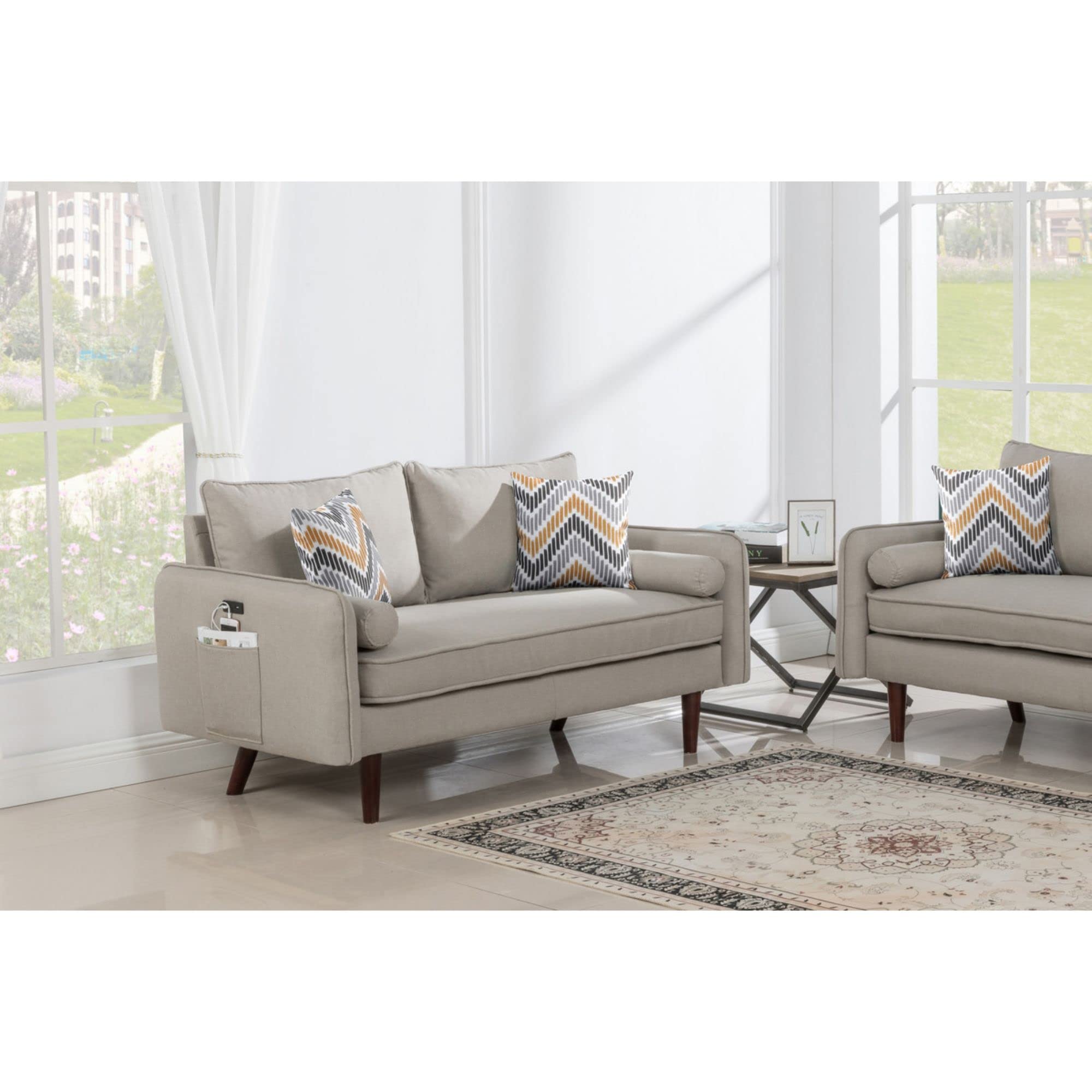 Lilola Home Mia Mid-Century Modern Beige Linen Loveseat Couch with USB Charging Ports & Pillows