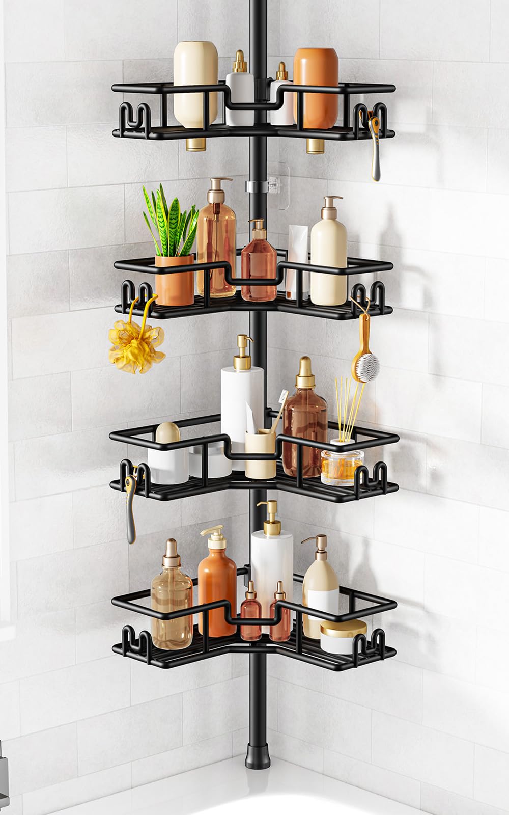 HAMITOR Shower Caddy Tension Pole: 4Tier Adjustable Corner Organizer Black