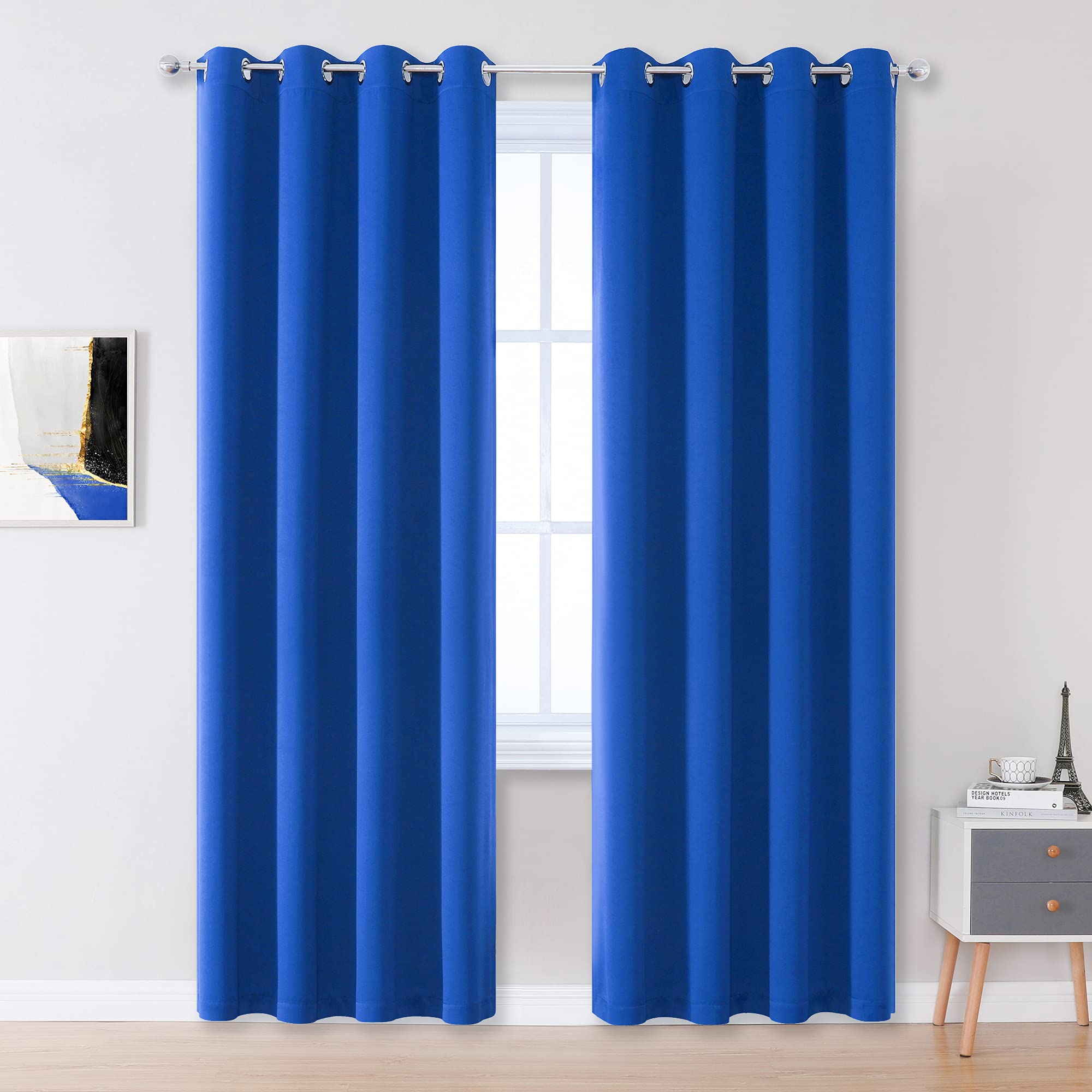 Dualife Royal Blue Blackout Curtain Drapes 96 Inch Length Solid Energy Efficient Room Darkening Bedroom Curtains Thermal Insulat