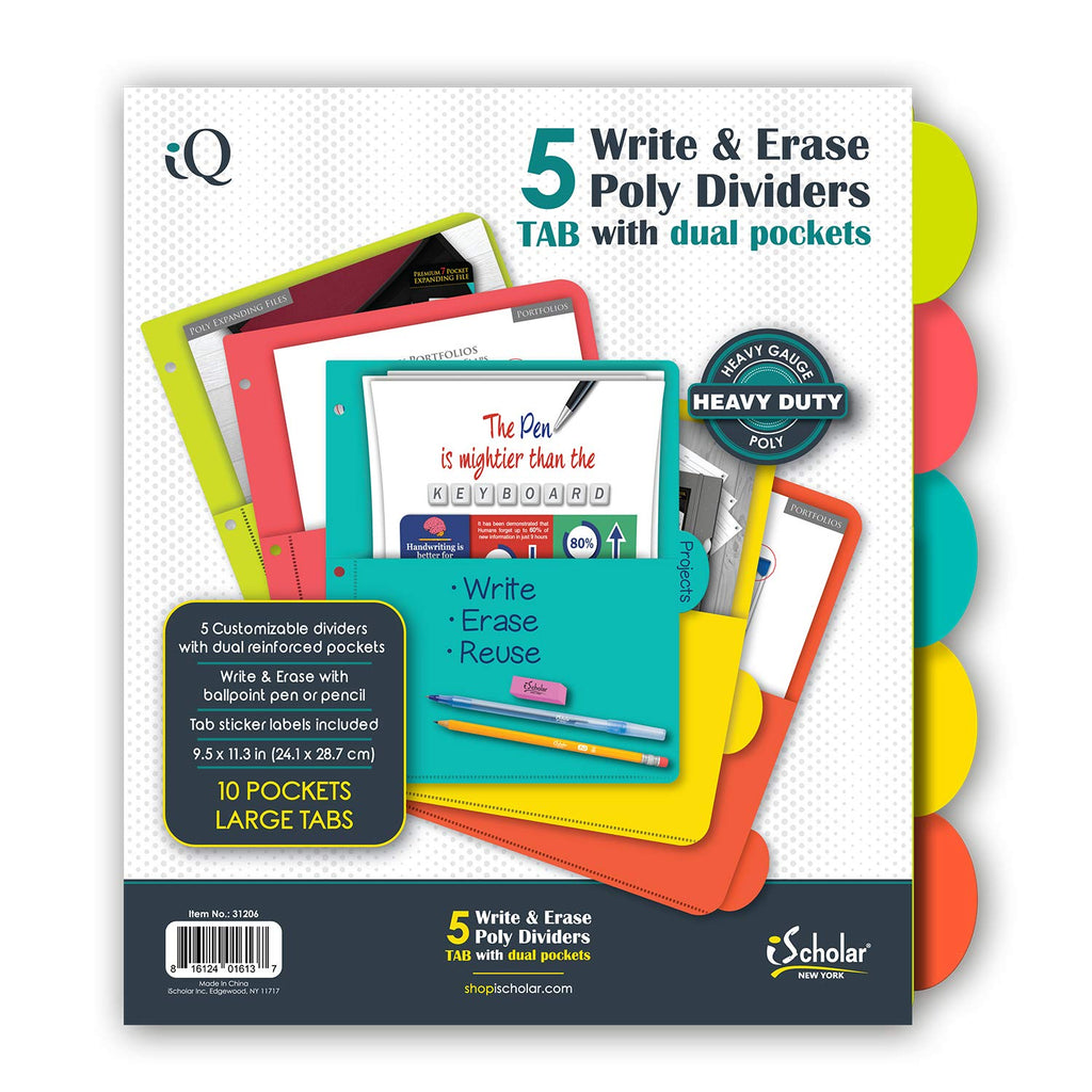Ischolar 5 Tab Poly Index Dividers With Pockets, 9.5 X 11.3', Assorted Colors (31206)