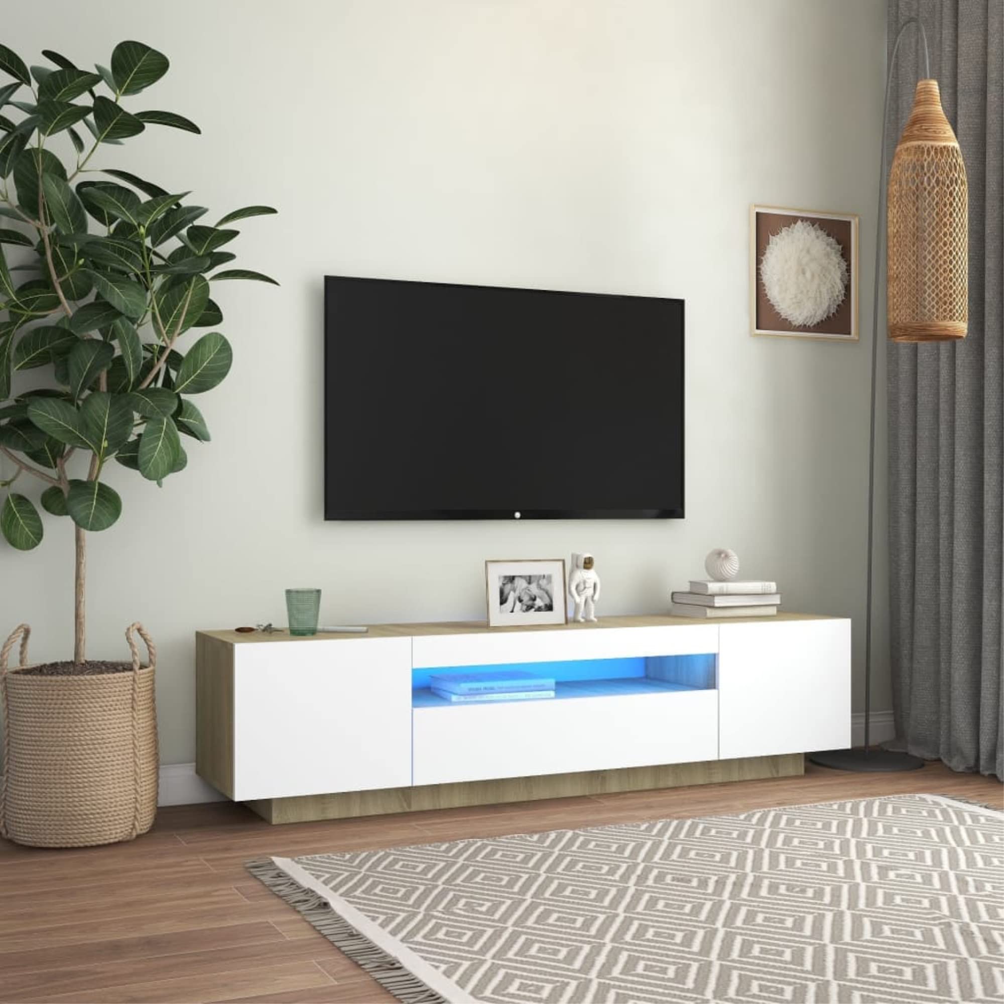804432 vidaXL TV Cabinet with LED Lights White and Sonoma Oak 63&quot;x14&quot;x16&quot;