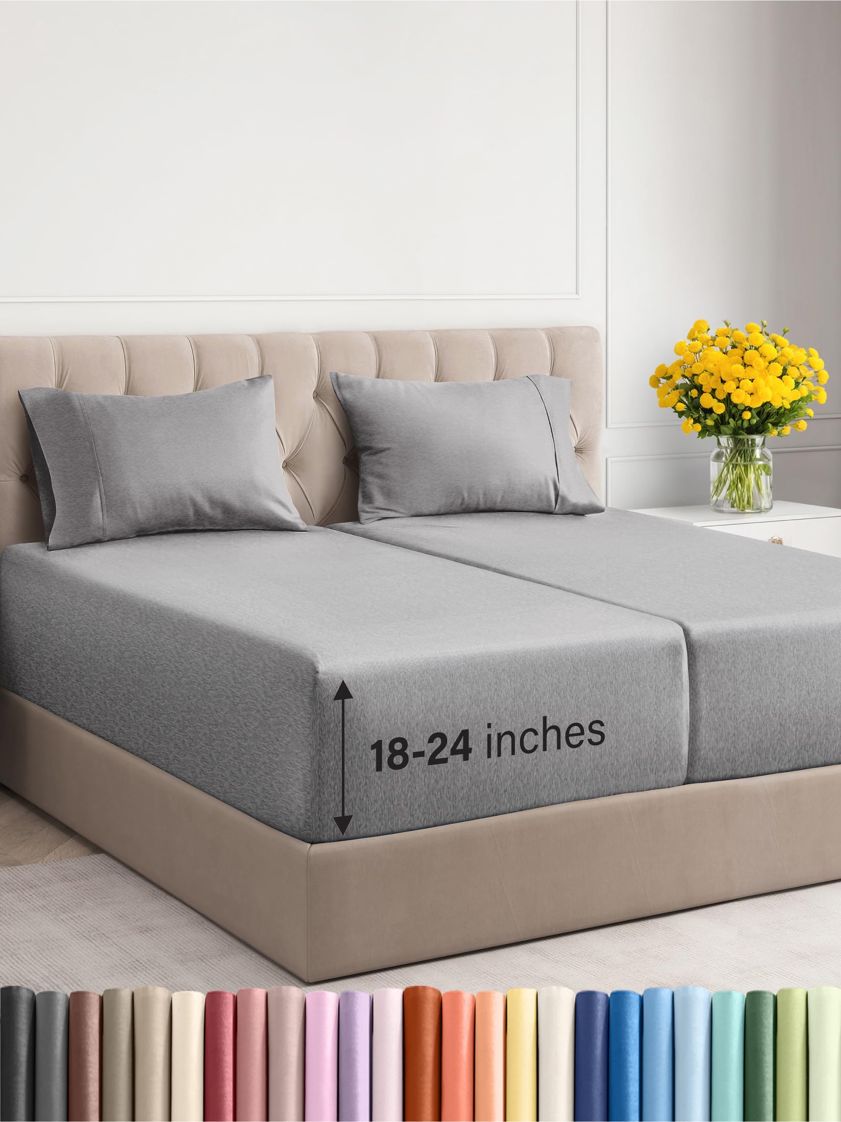 Extra Deep Pocket Split King Sheets - 5 Piece Breathable & Cooling Bed Sheets - Hotel Luxury Bed Sheet Set - Soft, Wrinkle Free & Comfy - Easily Fits Extra Deep Mattresses - Heathered Grey Sheets Set