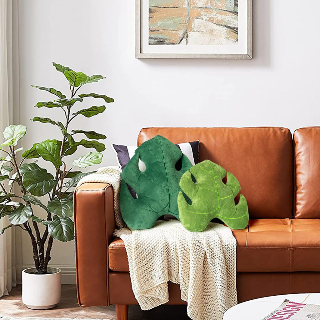 Aels Set Of 2 3D Leaves Decorative Throw Pillows, 18''& 14'' Monstera Deliciosa Plush Pillow Set For Plant Lovers Garden Lovers,