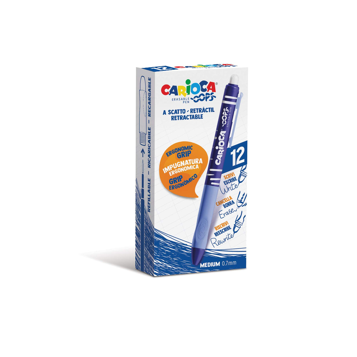Carioca Oops Retractable Blue | Erasable Refillable Retractable Ballpoint Pens Set For School, University And Office With Built-