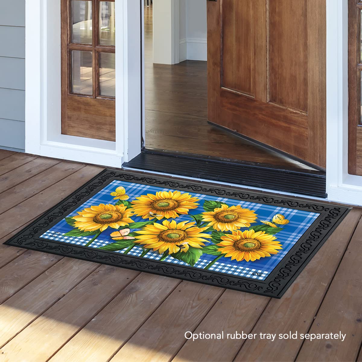 Briarwood Lane Blue Sunflowers Summer Doormat Plaid Floral Indoor Outdoor 30' X 18'