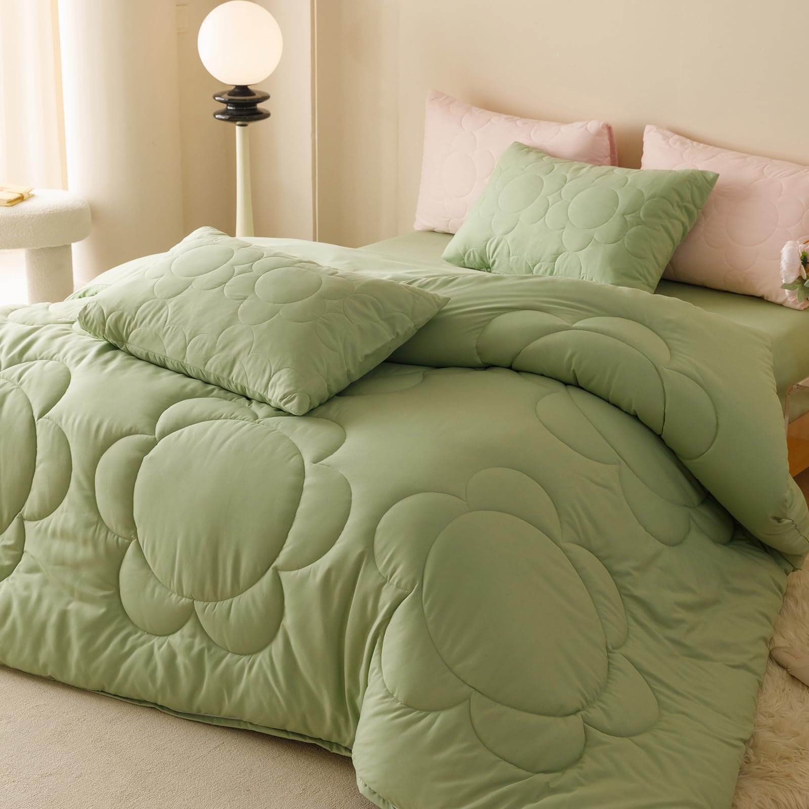 Luxlovery Sage Comforter Set Queen Sunflower Light Green Bedding Comforter Set Queen Size Boho Botanical Big Flowers Quilts Farm