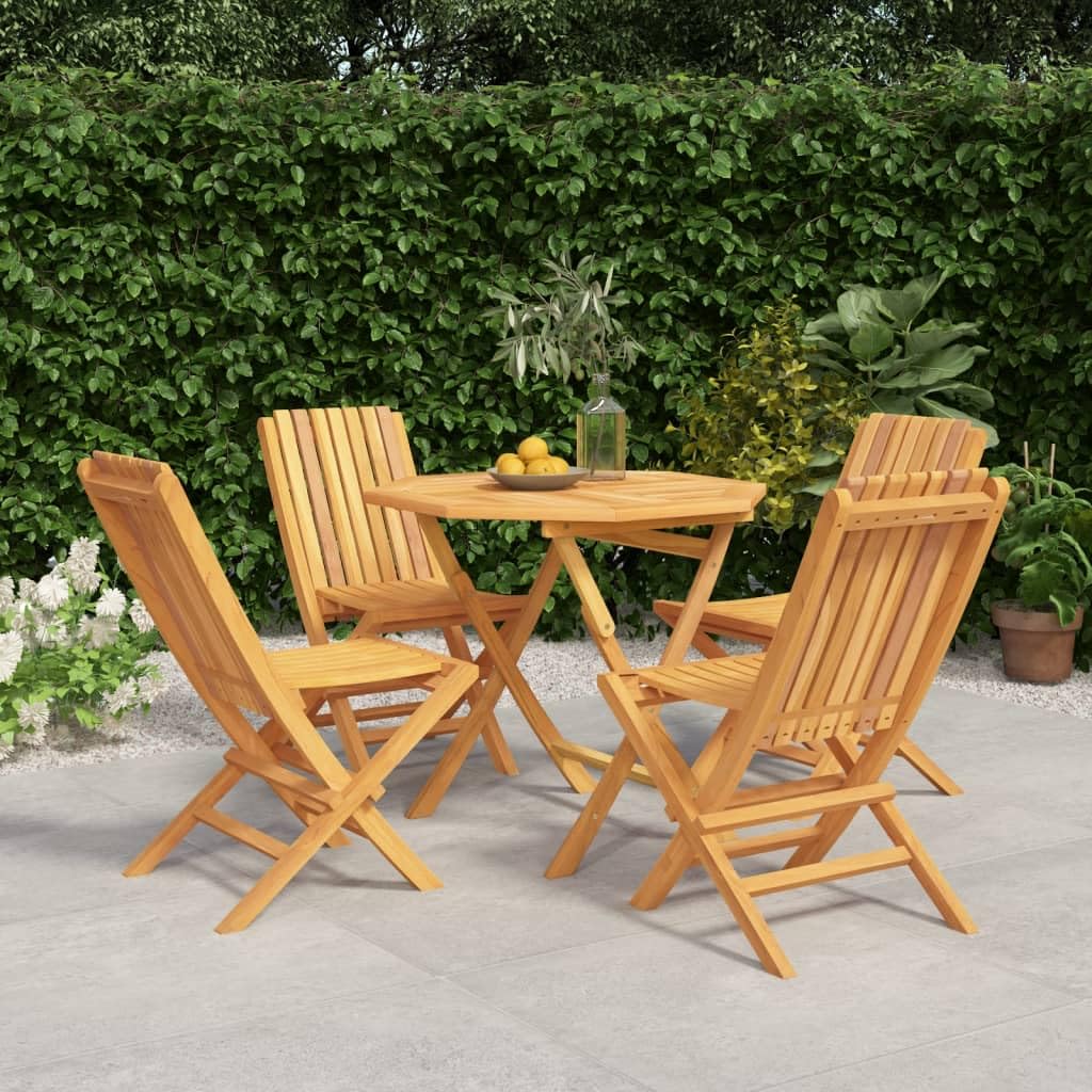 vidaXL Solid Wood Teak Patio Dining Set - 5 Piece Outdoor Furniture, Foldable Design, Comfortable Backrest, Sturdy Tabletop, Parasol Hole Feature