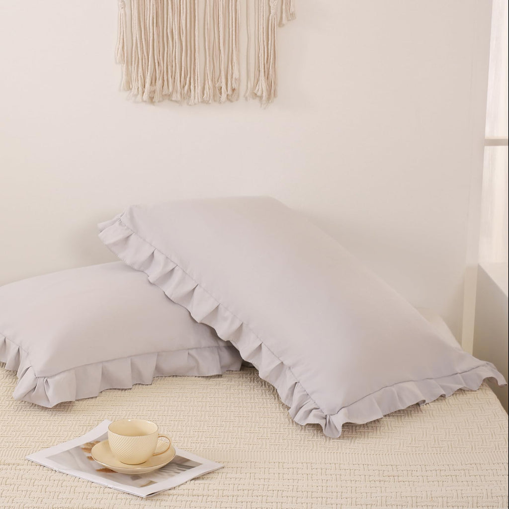 Beige Gray Pillow Shams Cute Ruffle Standard Pillowcases Solid Pillow Cover Set Of 2 Shabby Chic Soft Light Gray Pillowcases 2 P
