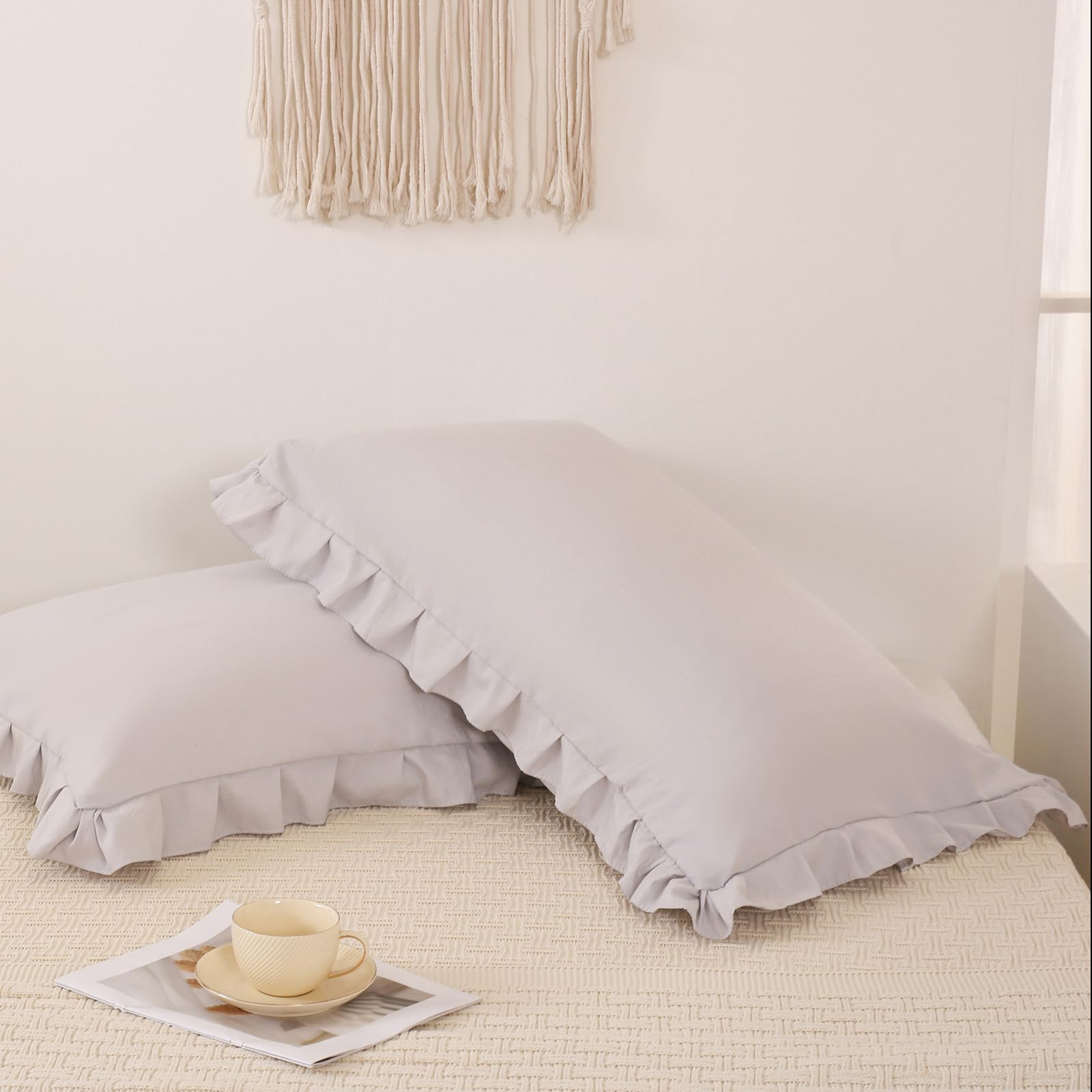 Beige Gray Pillow Shams Cute Ruffle Standard Pillowcases Solid Pillow Cover Set Of 2 Shabby Chic Soft Light Gray Pillowcases 2 P