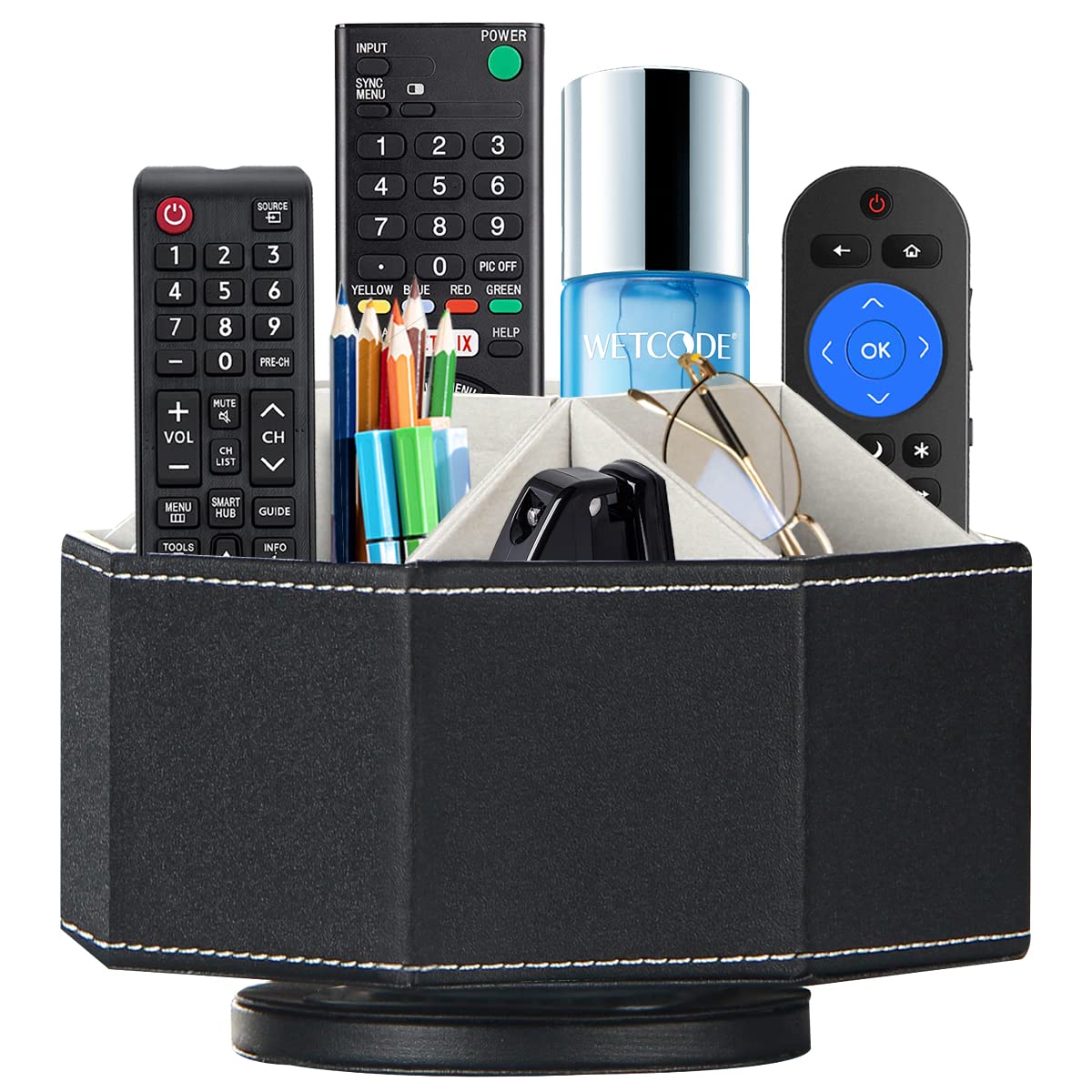 Remote Control Holder, Swivel 9 Rooms Desk Organizer And Decorations For Living Room, Leather Bedside Storage Caddy For Tv Contr