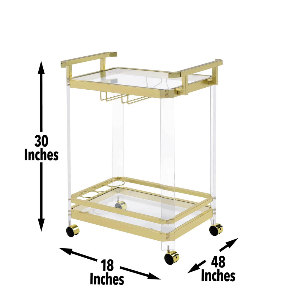 Steve Silver Furniture Aerin Server Cart, Acrylic and Tempered Glass, Gold Chrome Finish, w/Bottle and Stemware Storage, 3-Wine Bottle Storage, Dining Room, 17" D x 28" W x 35" H, Gold/Chrome