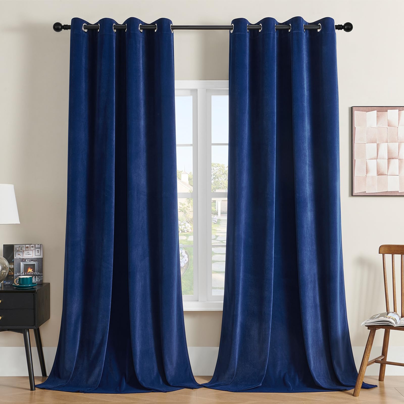 Joydeco Royal Blue Velvet Curtains 96 Inches Long, Luxury Grommet Blackout Curtain 2 Panels, Thermal Insulated Privacy Room Dark