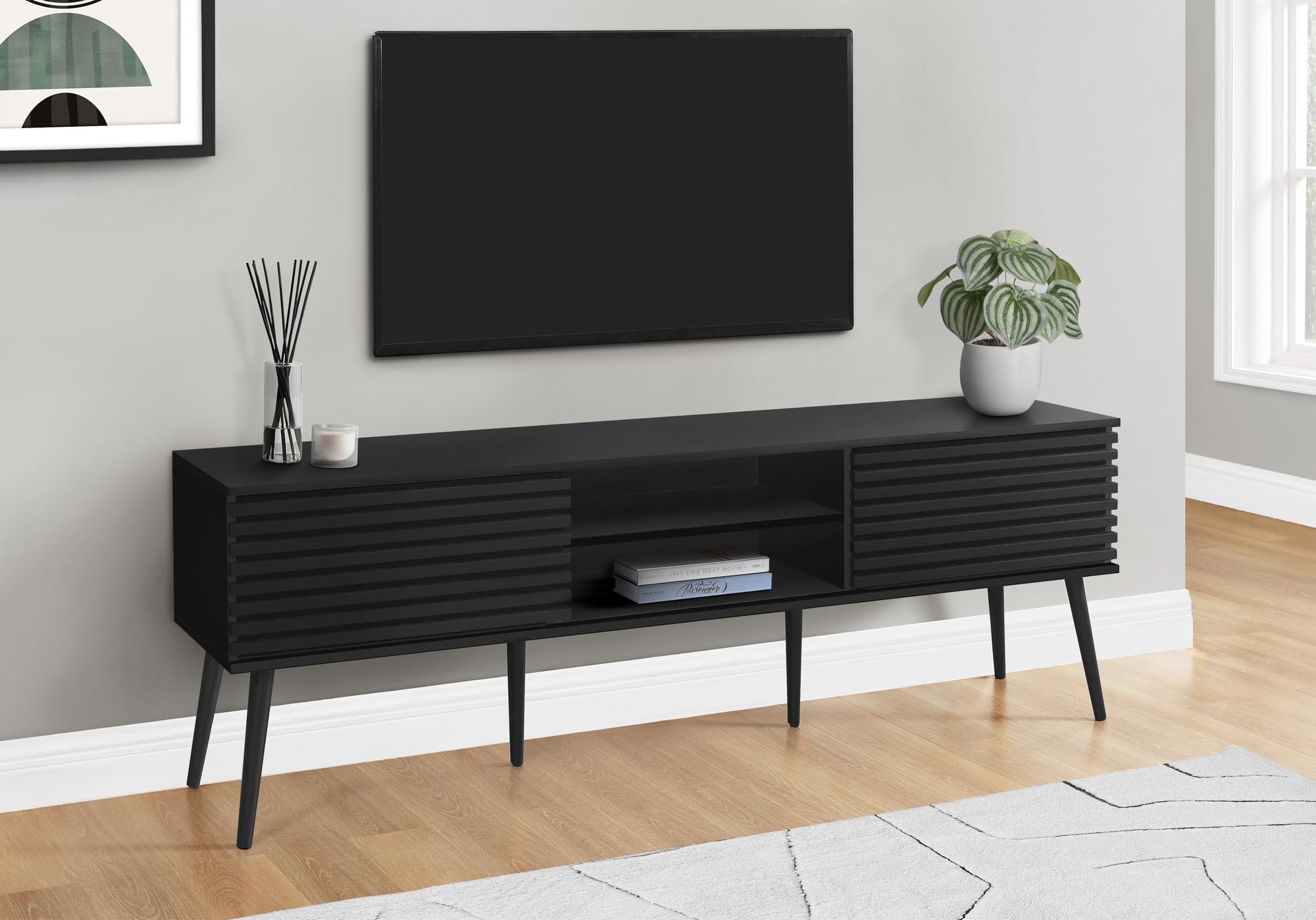 Monarch Specialties 2783, 72 Inch, Media Entertainment Center, Storage Cabinet, Console Tv Stand 72' L Black with 2 Doors, 71' L x 15.5' W x 23.75' H