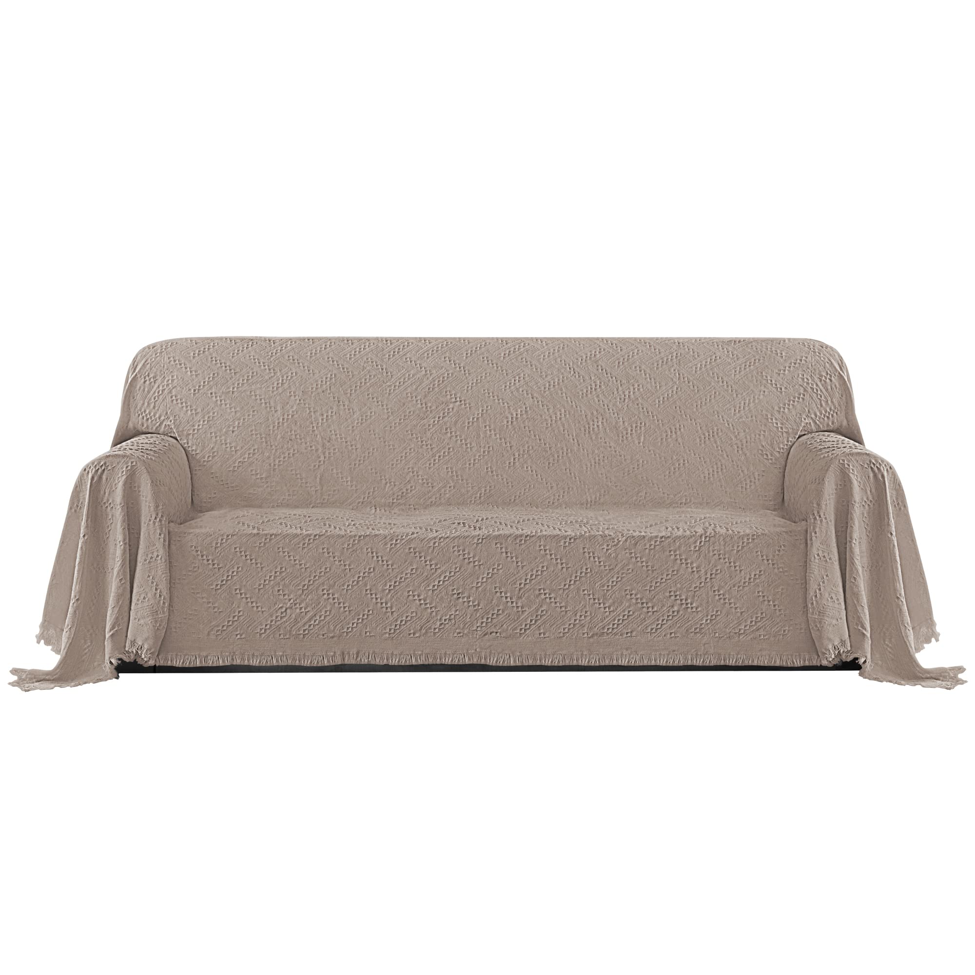 Purefit Geometric Jacquard Throw Sofa Cover - Textured Soft Washable Decorative Couch Covers For 3 Cushion Couch, Throw Cover With Tassels Furniture Protector For Pets, Kids (Large, Camel)