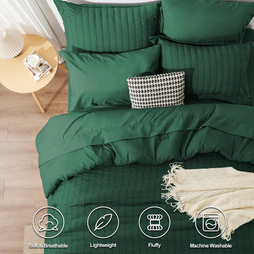 Cozylux King Seersucker Comforter Set With Emerald Green Bed In A Bag 7-Piece All Season Bedding Set With Comforter, Pillow Sham, Flat Sheet, Fitted Sheet, Pillowcase
