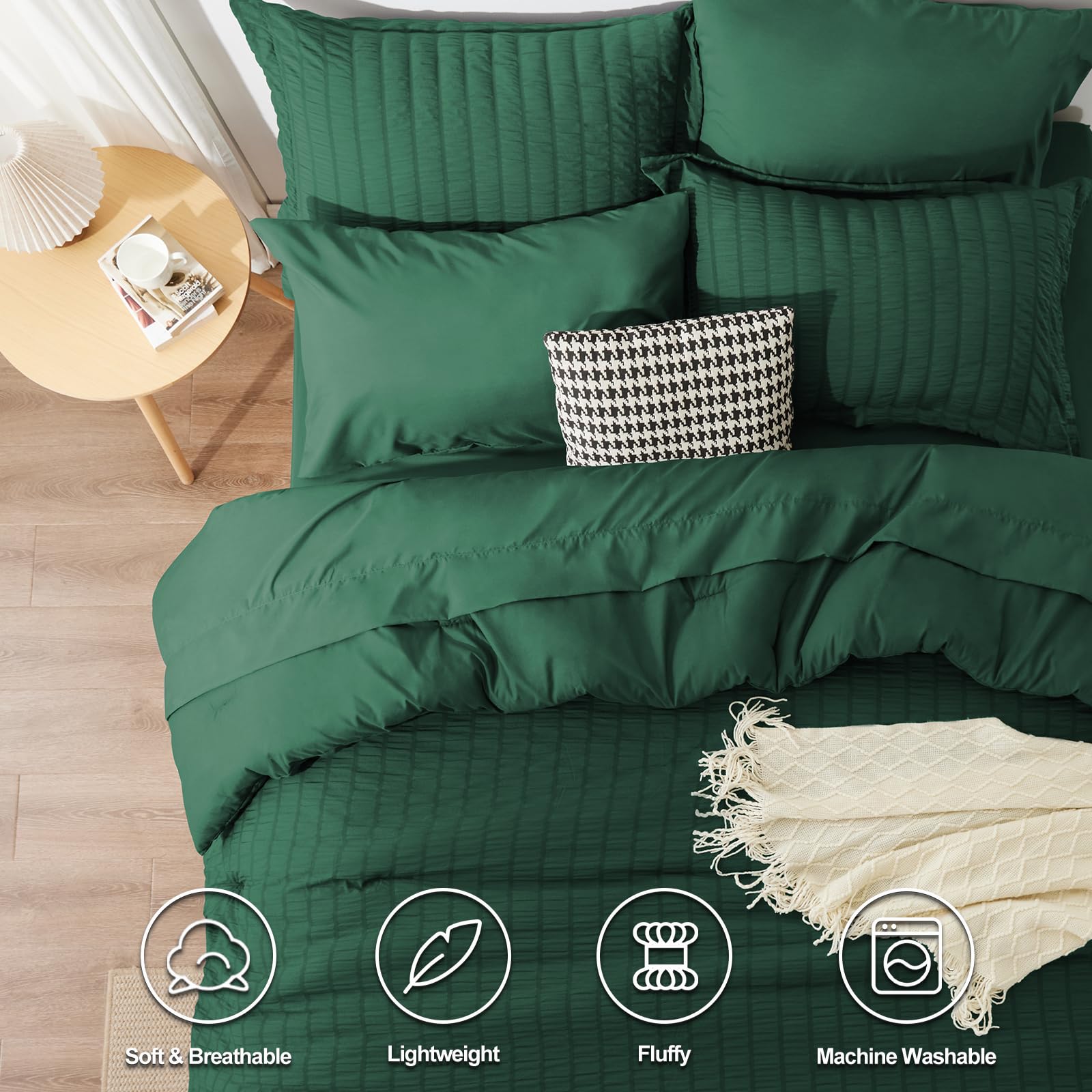 Cozylux King Seersucker Comforter Set With Emerald Green Bed In A Bag 7-Piece All Season Bedding Set With Comforter, Pillow Sham, Flat Sheet, Fitted Sheet, Pillowcase