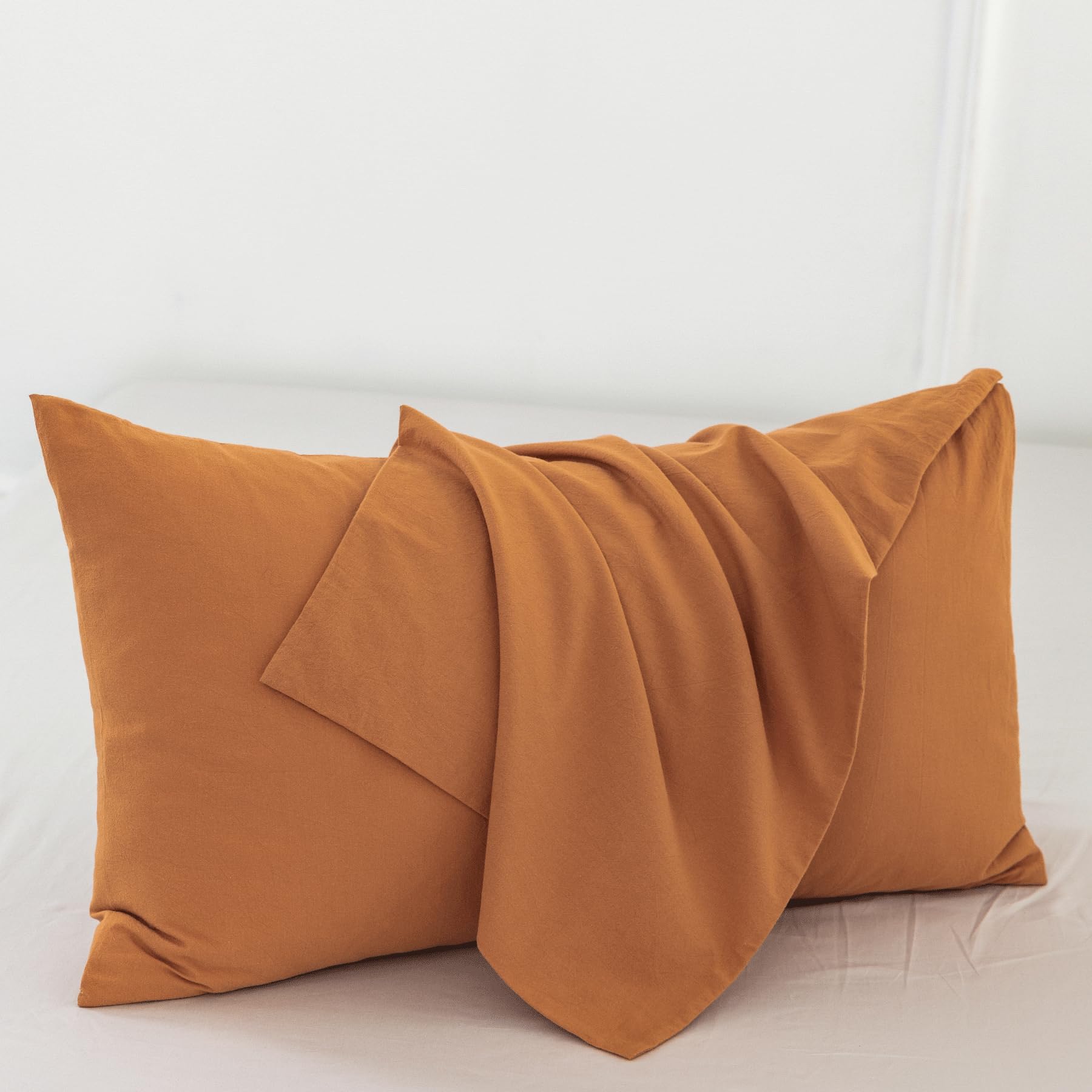 Moomee Bedding Pillowcases Pack Of 2 100% Washed Cotton Linen Like Textured Breathable Durable Soft Comfy (Burnt Orange, King)