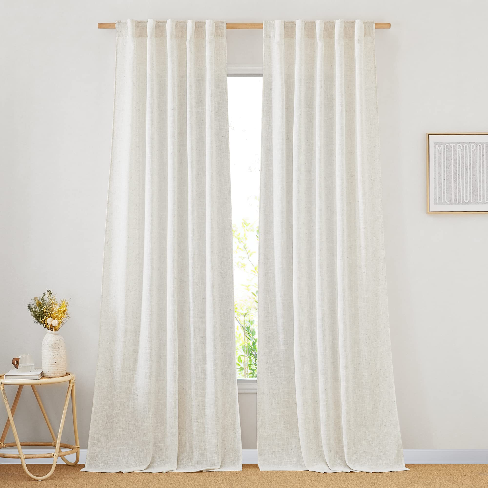 Nicetown Linen Blend Living Room Curtains 84 Inches Long, Rod Pocket & Back Tab Flax Linen Burlap Semi Sheer Drapes Privacy With