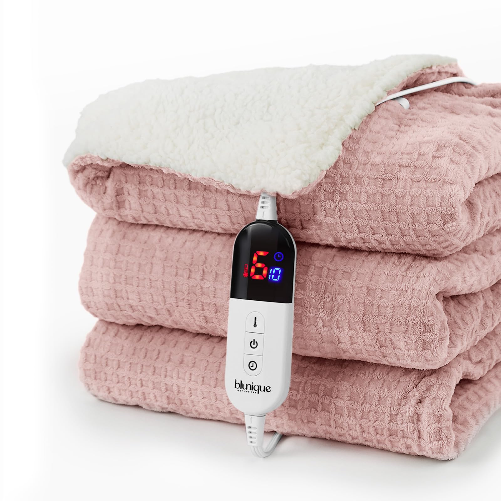 blunique Heated Blanket Electric Blanket Twin Waffle, 62x84 Inches Sherpa Fleece Fast Heating Blanket 6 Heating Levels & 10 Hour