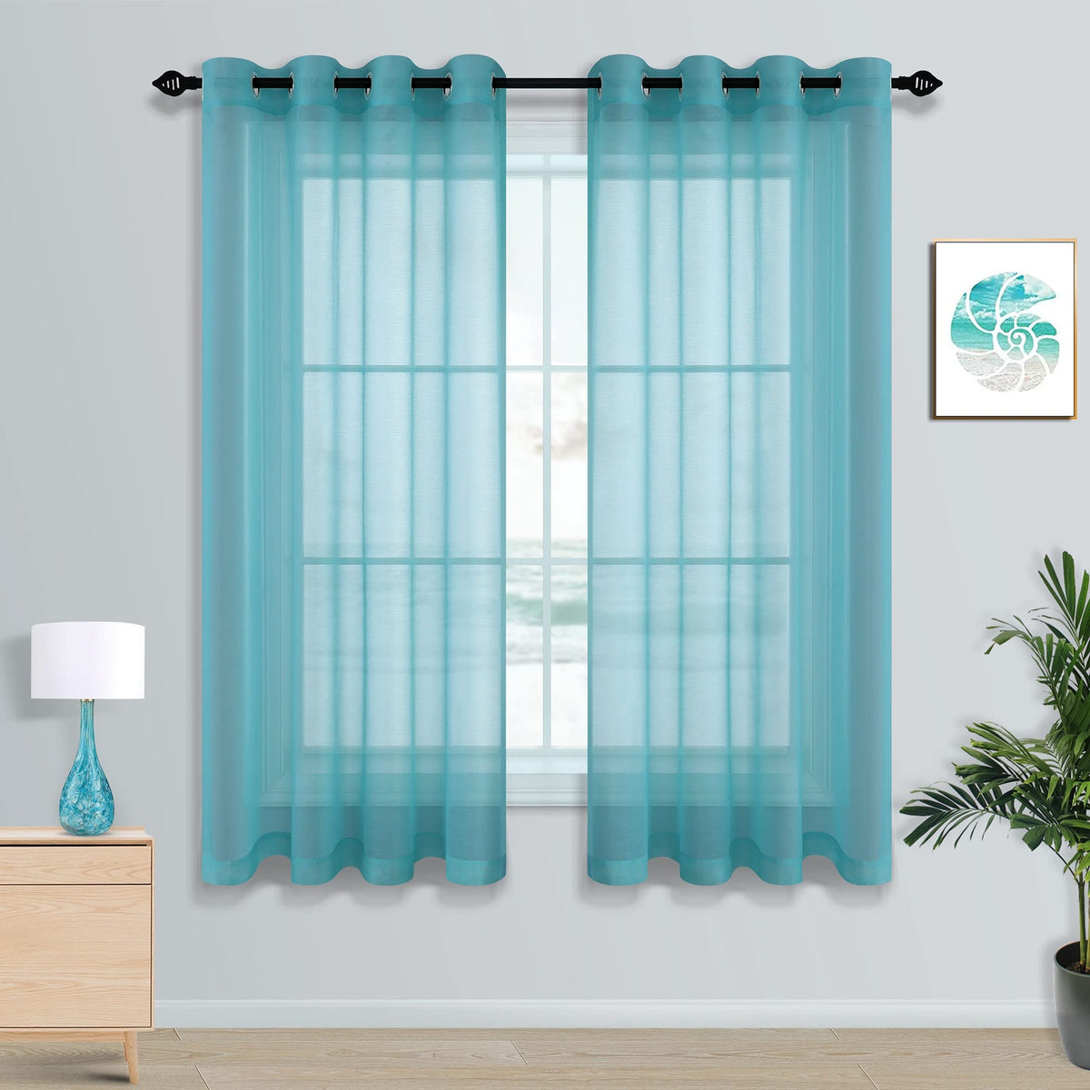 Mrs.Naturall Summer Ocean Decor Teal Sheer Curtains 63 Inch Length For Bedroom 2 Panels Set Grommet Airy See Through Sheer Voile