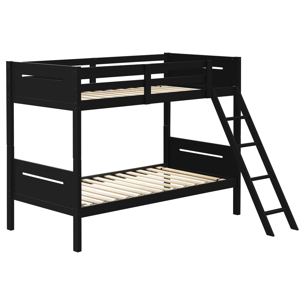 Coaster Home Furnishings Littleton Transitional Wood Twin Over Twin Size Bunk Bed Frame with Ladder and Guardrails Fully Slatted Mattress Ready Foundation Black 405051BLK
