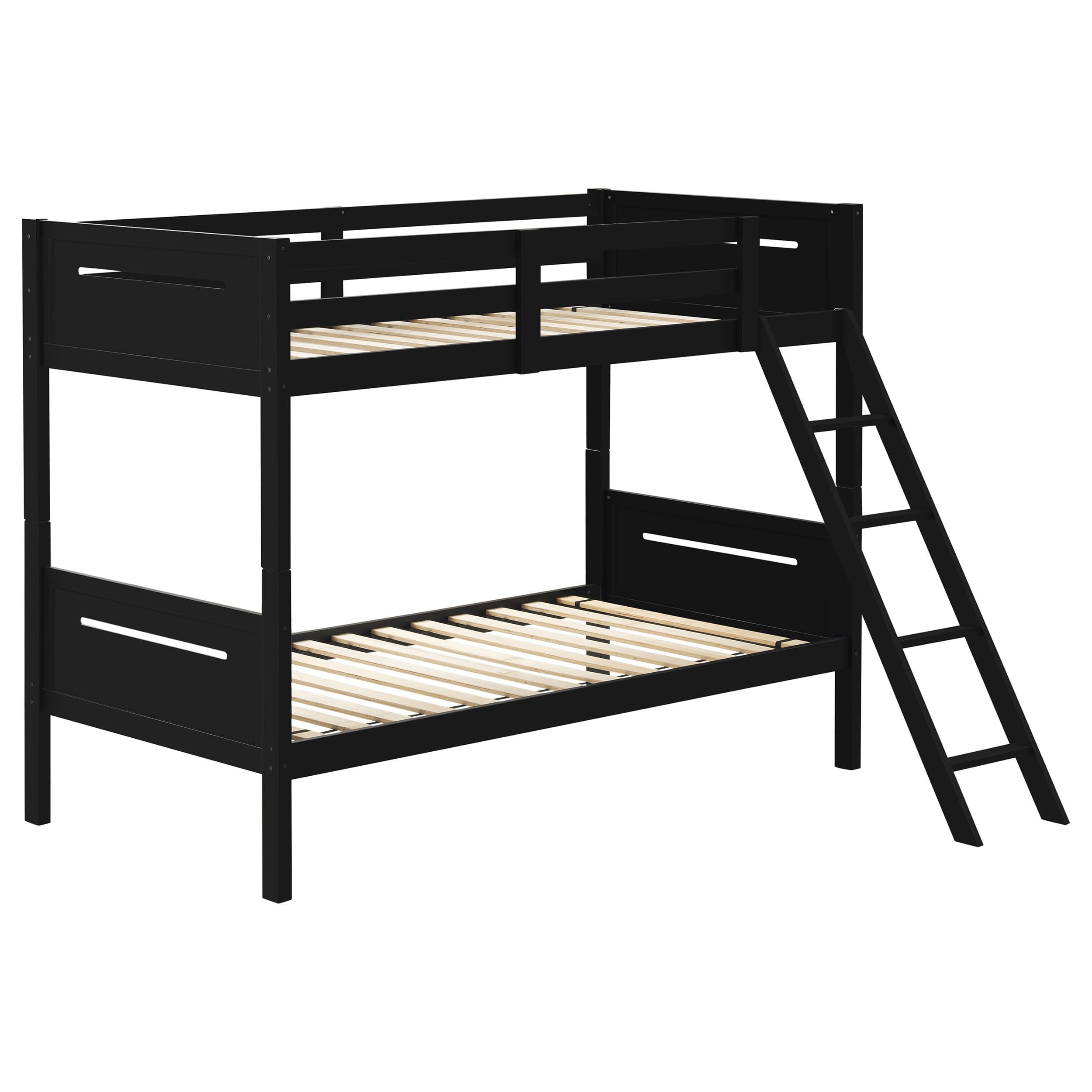 Coaster Home Furnishings Littleton Transitional Wood Twin Over Twin Size Bunk Bed Frame with Ladder and Guardrails Fully Slatted Mattress Ready Foundation Black 405051BLK