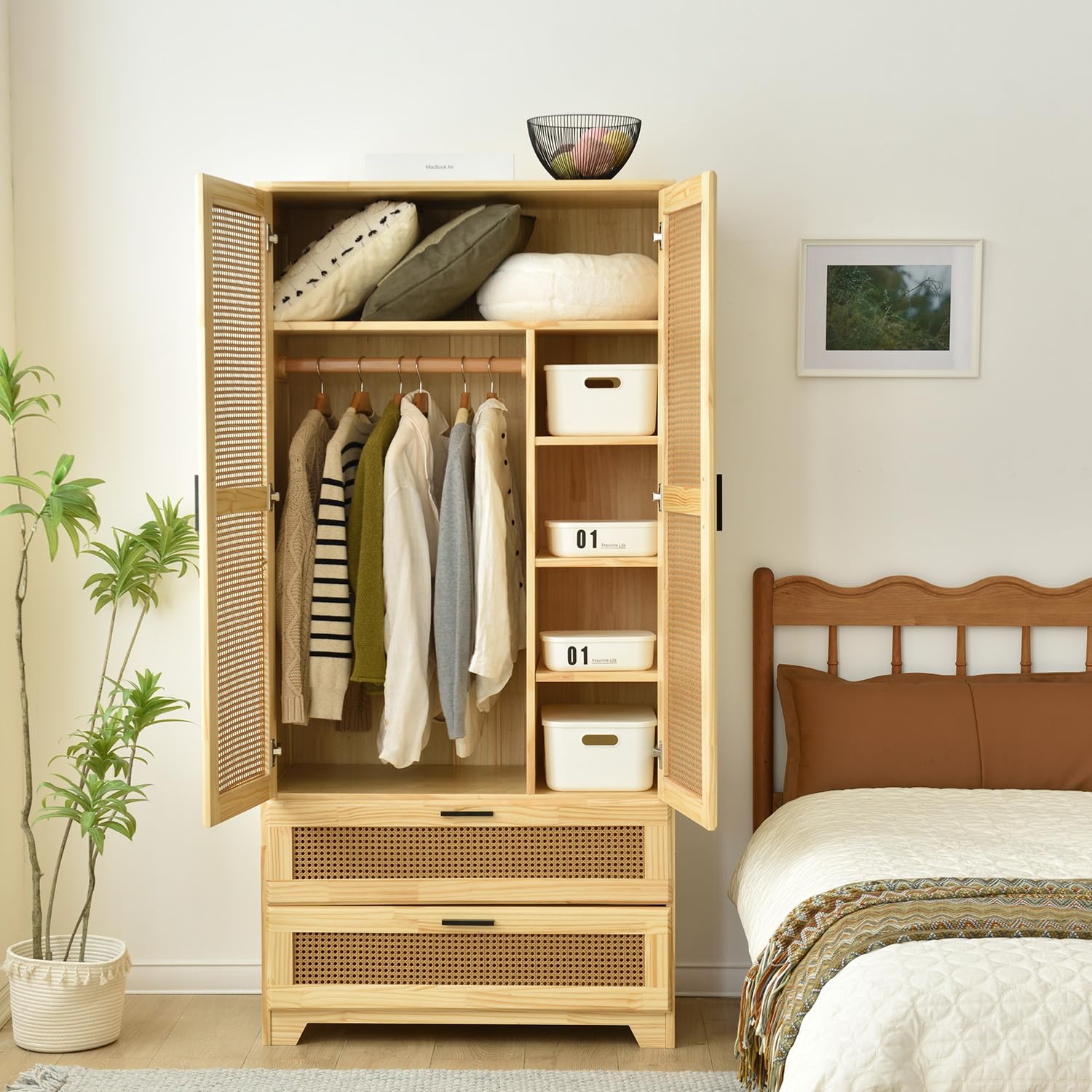 Pine Wood Closet with Rattan Doors and Two Drawers (Natural)