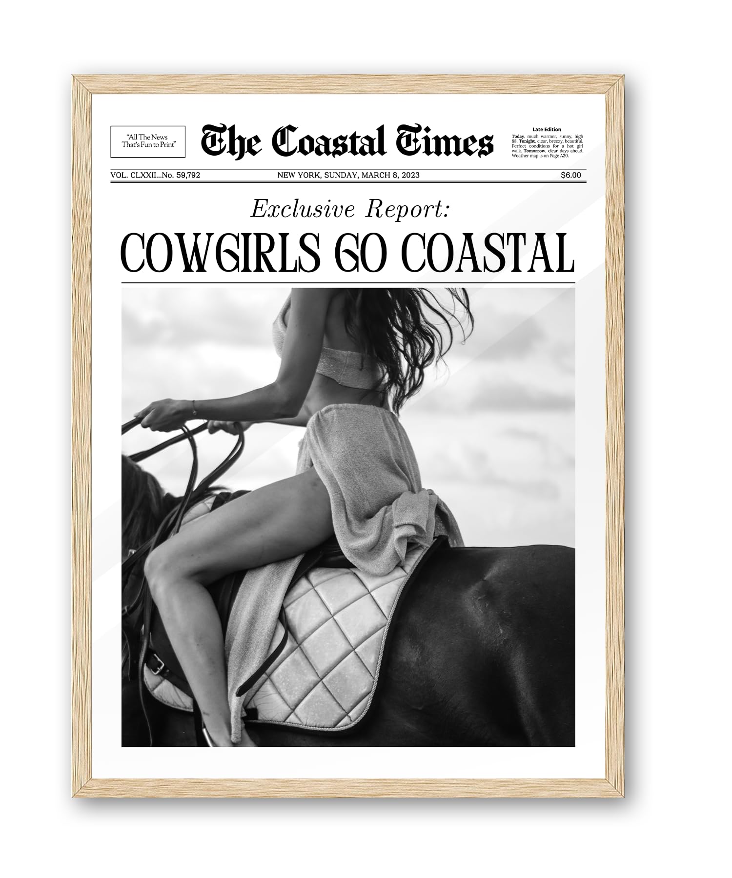 iHery Cowgirls Go Coastal Framed NewsPaper Canvas Wall Art,Natural OAK Wood 12x16in Wall Decor For Bedroom, Trendy Western Horse