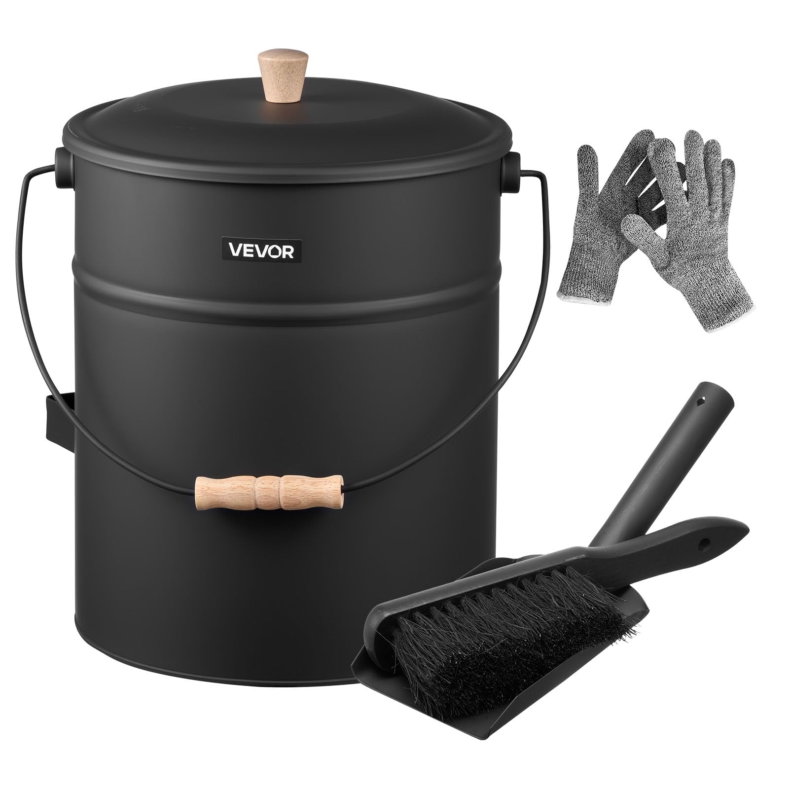VEVOR Ash Bucket, 4 PCS with Lid, Shovel, Broom and Gloves, Metal Fireplace Charcoal Bucket and Ash Can, 4 GAL Large Capacity fo